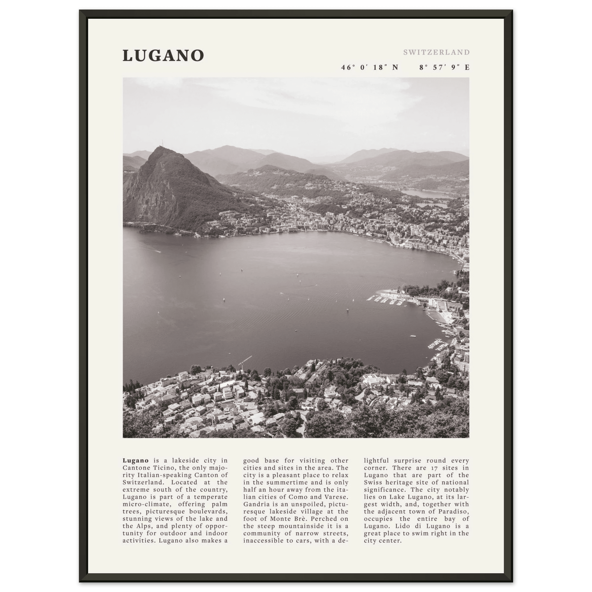 Lugano Poster | Black & White Swiss Lake Wall Art | Switzerland Travel Print - Evergreen Posters