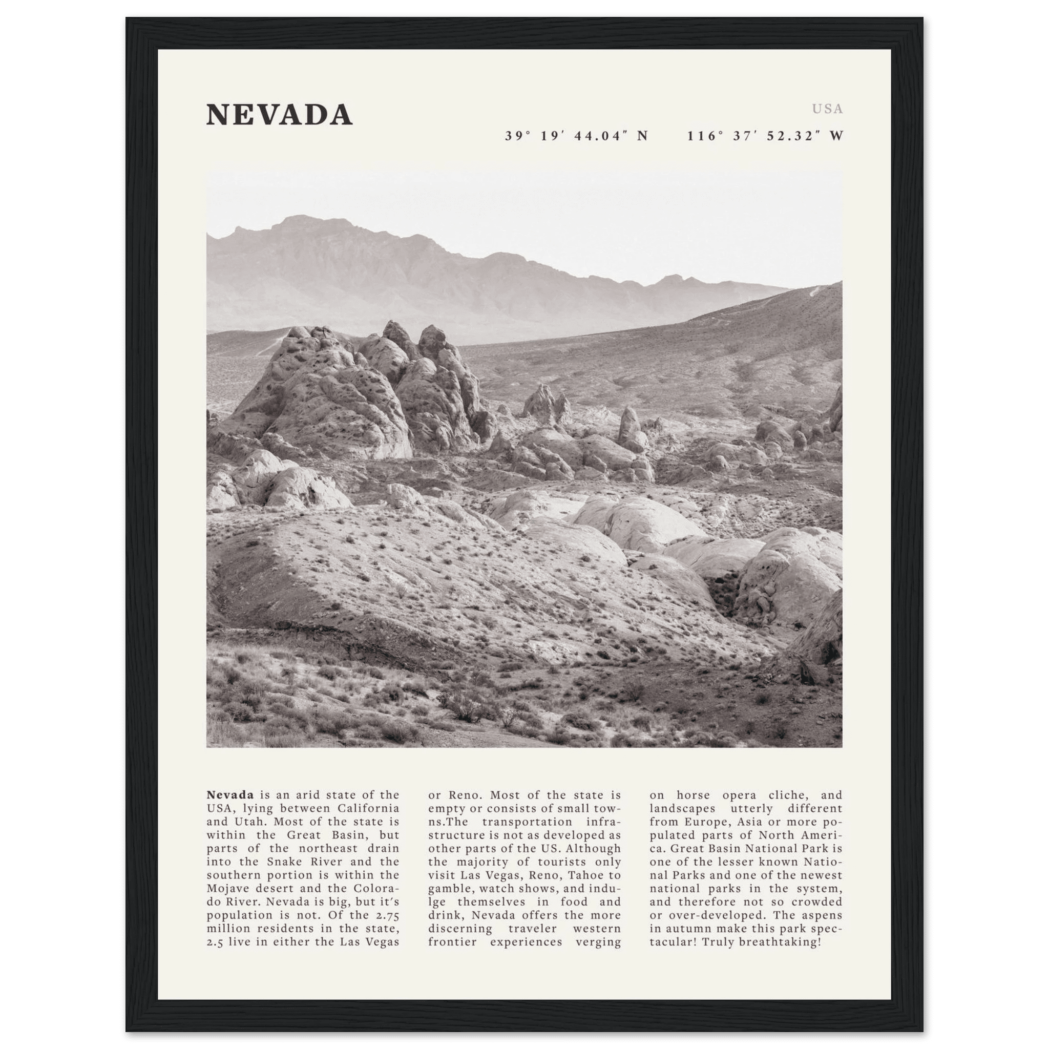 Nevada Poster | Black & White Desert Landscape Wall Art | USA Travel Print Decor - Evergreen Posters
