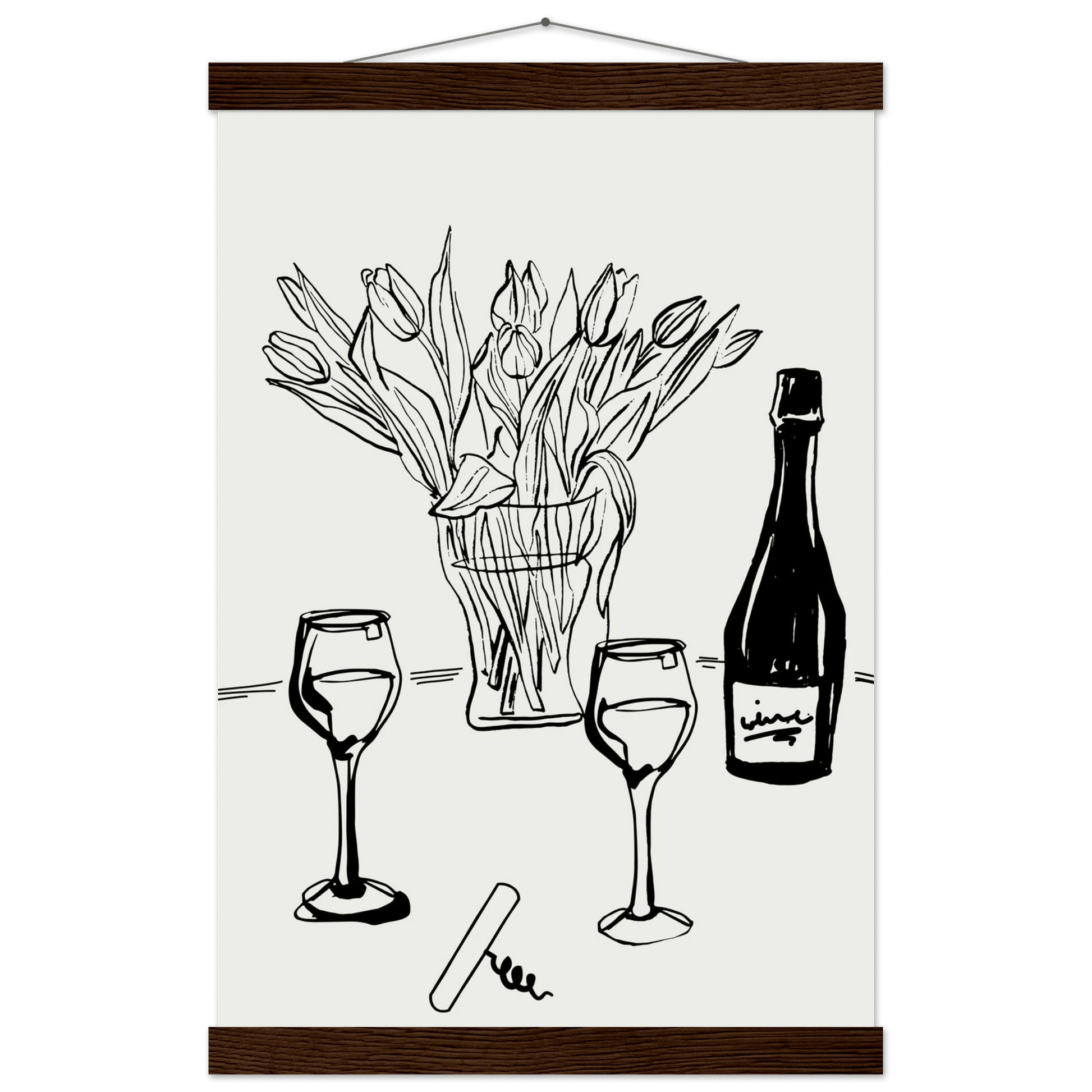 Wine & Tulips Print | Black Line Art Wine Bottle Wall Art | Minimalist Kitchen Poster - Evergreen Posters