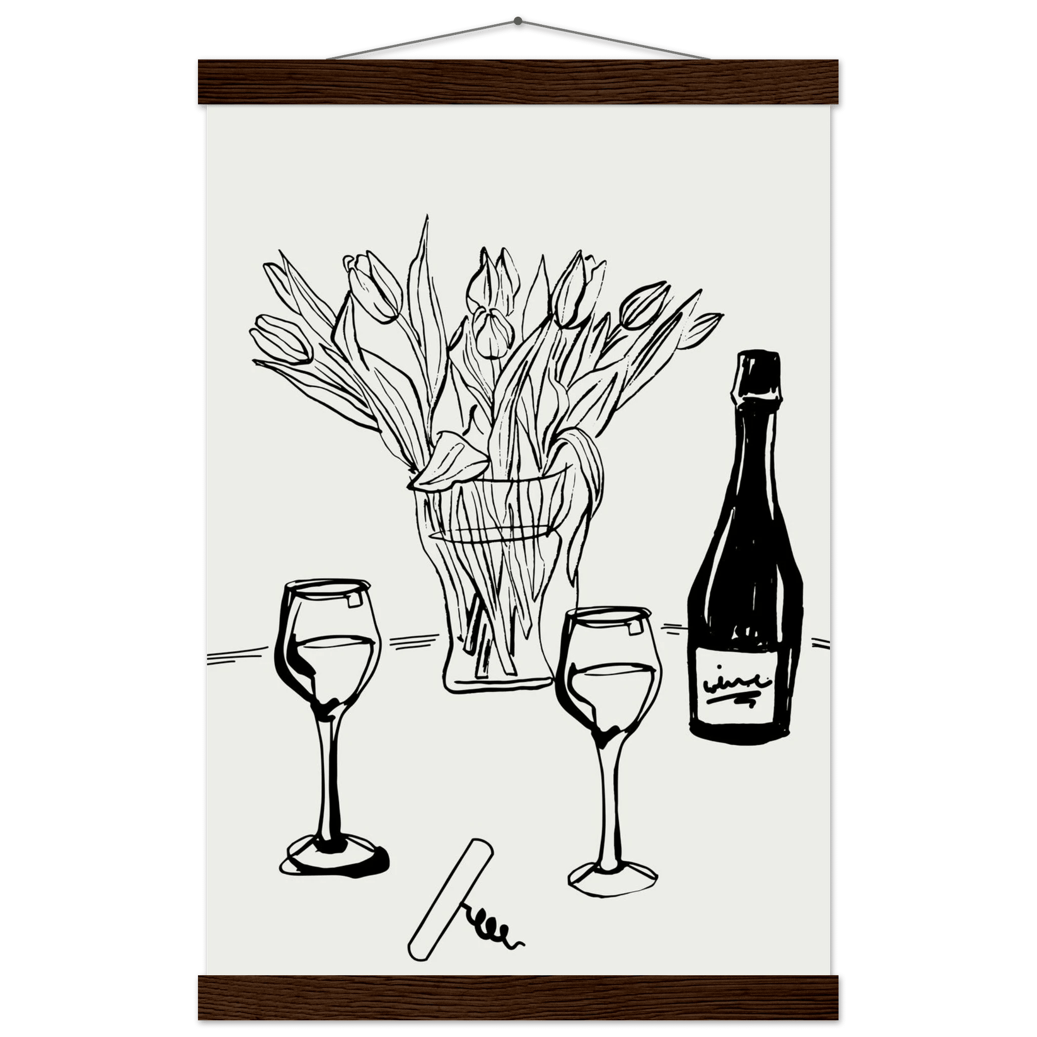 Wine & Tulips Print | Black Line Art Wine Bottle Wall Art | Minimalist Kitchen Poster - Evergreen Posters