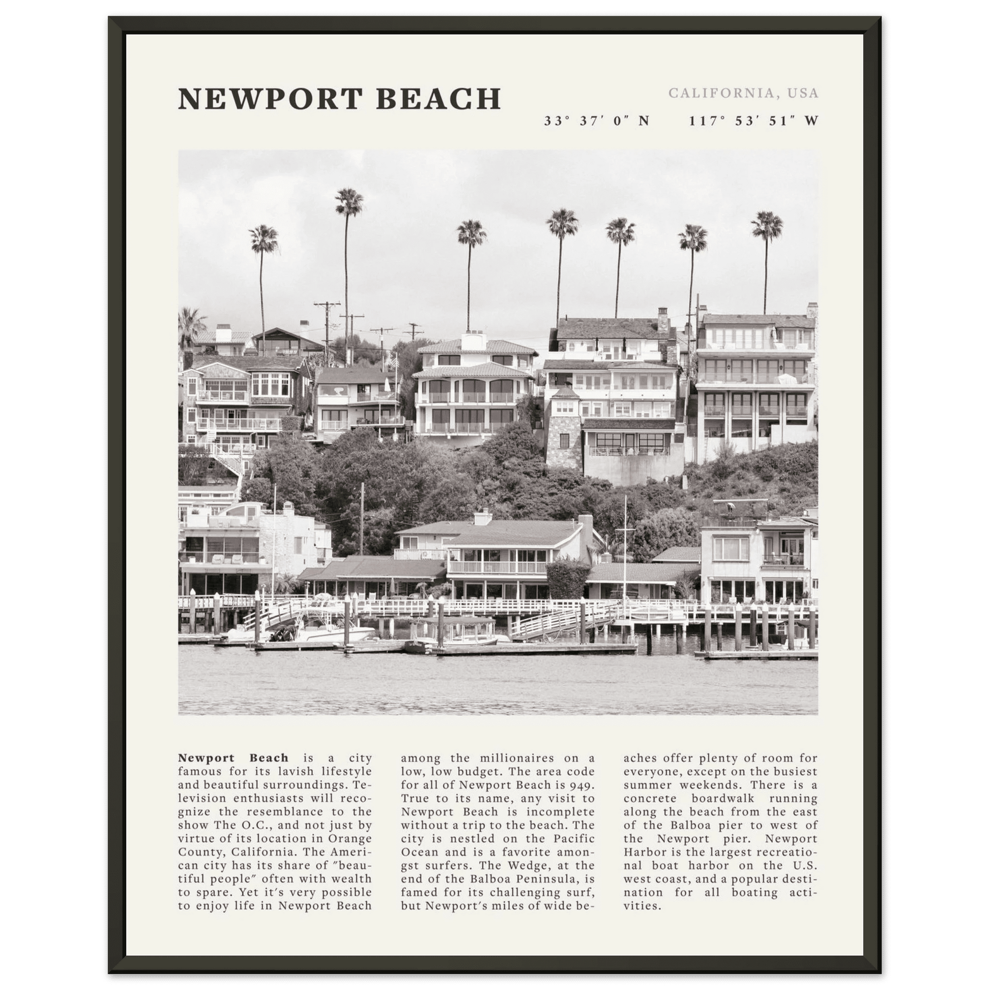 Newport Beach Poster | Black & White California Harbor Wall Art | Coastal Print - Evergreen Posters