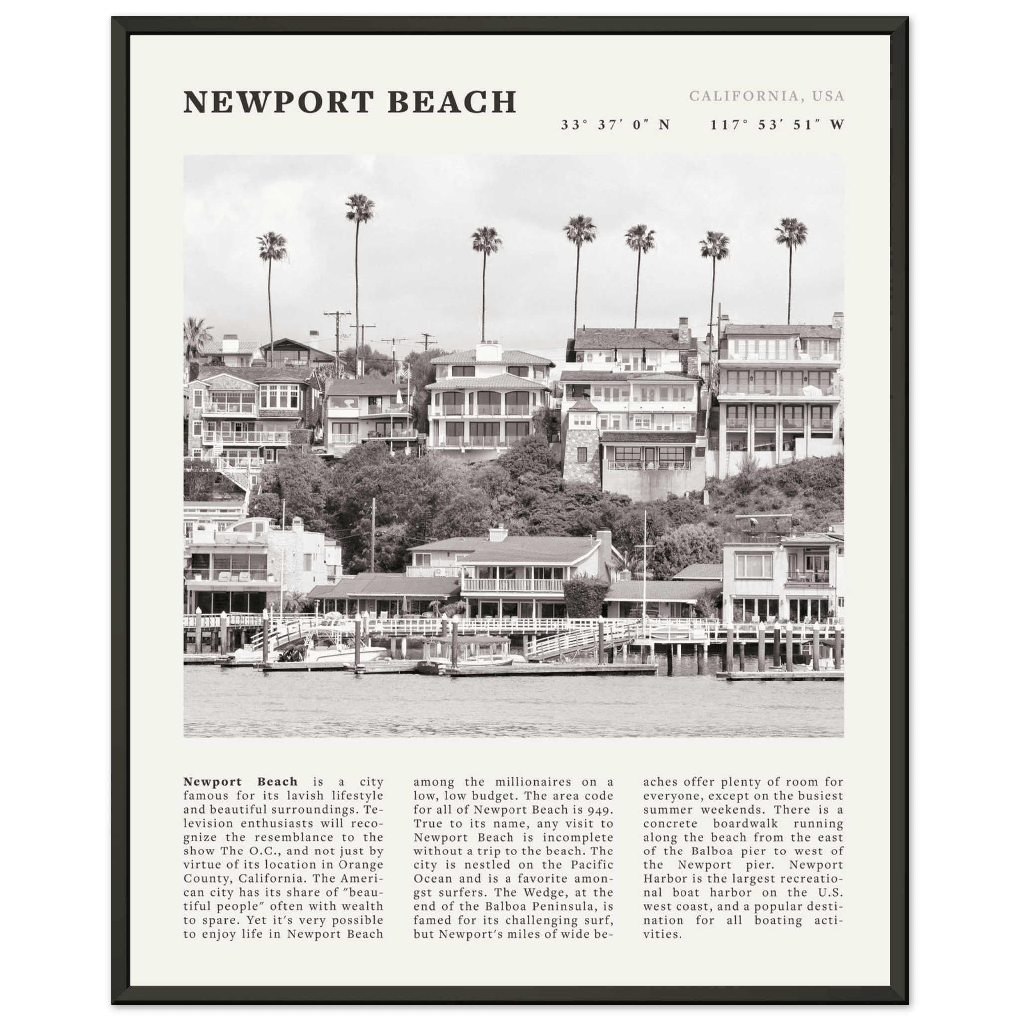 Newport Beach Poster | Black & White California Harbor Wall Art | Coastal Print - Evergreen Posters