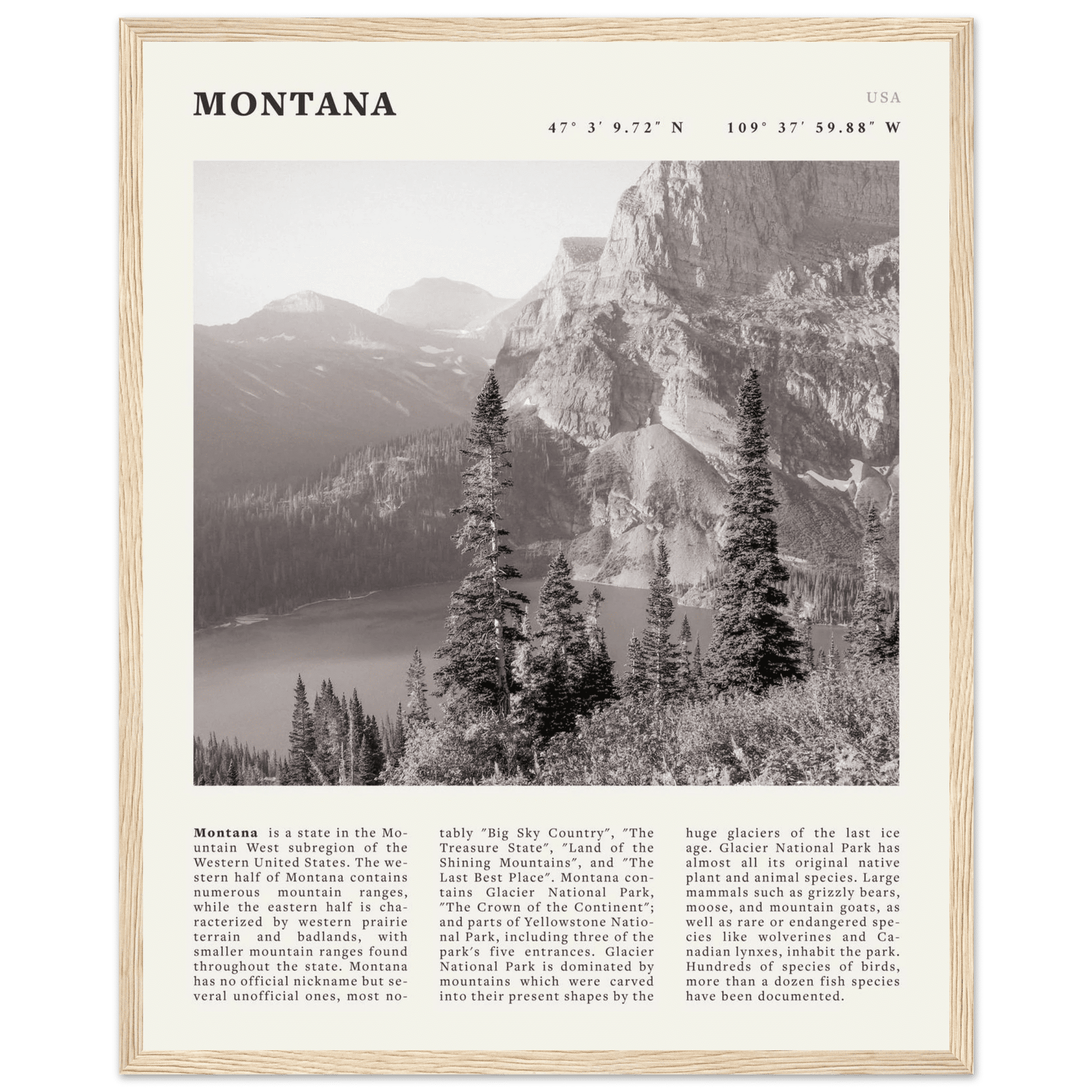 Montana Poster | Black & White Glacier National Park Wall Art | Nature Travel Print - Evergreen Posters