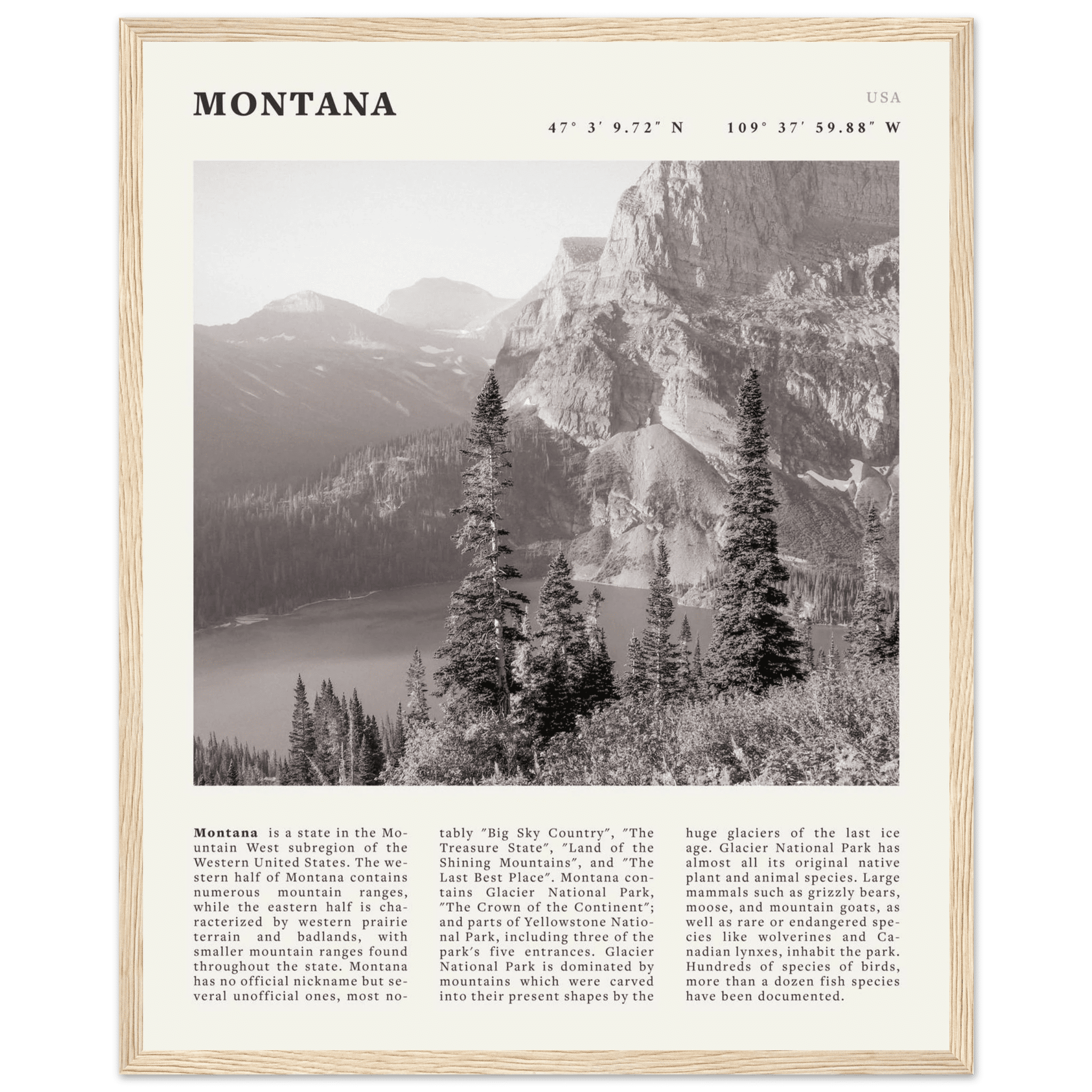 Montana Poster | Black & White Glacier National Park Wall Art | Nature Travel Print - Evergreen Posters