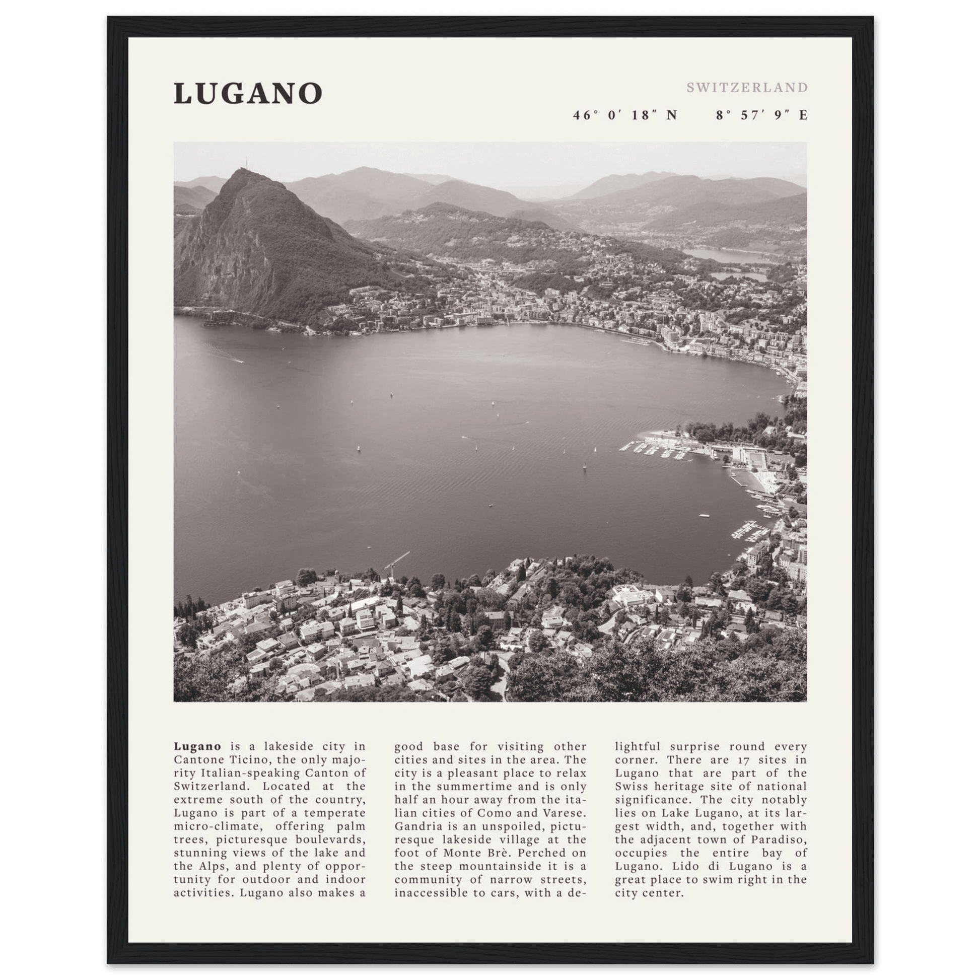Lugano Poster | Black & White Swiss Lake Wall Art | Switzerland Travel Print - Evergreen Posters
