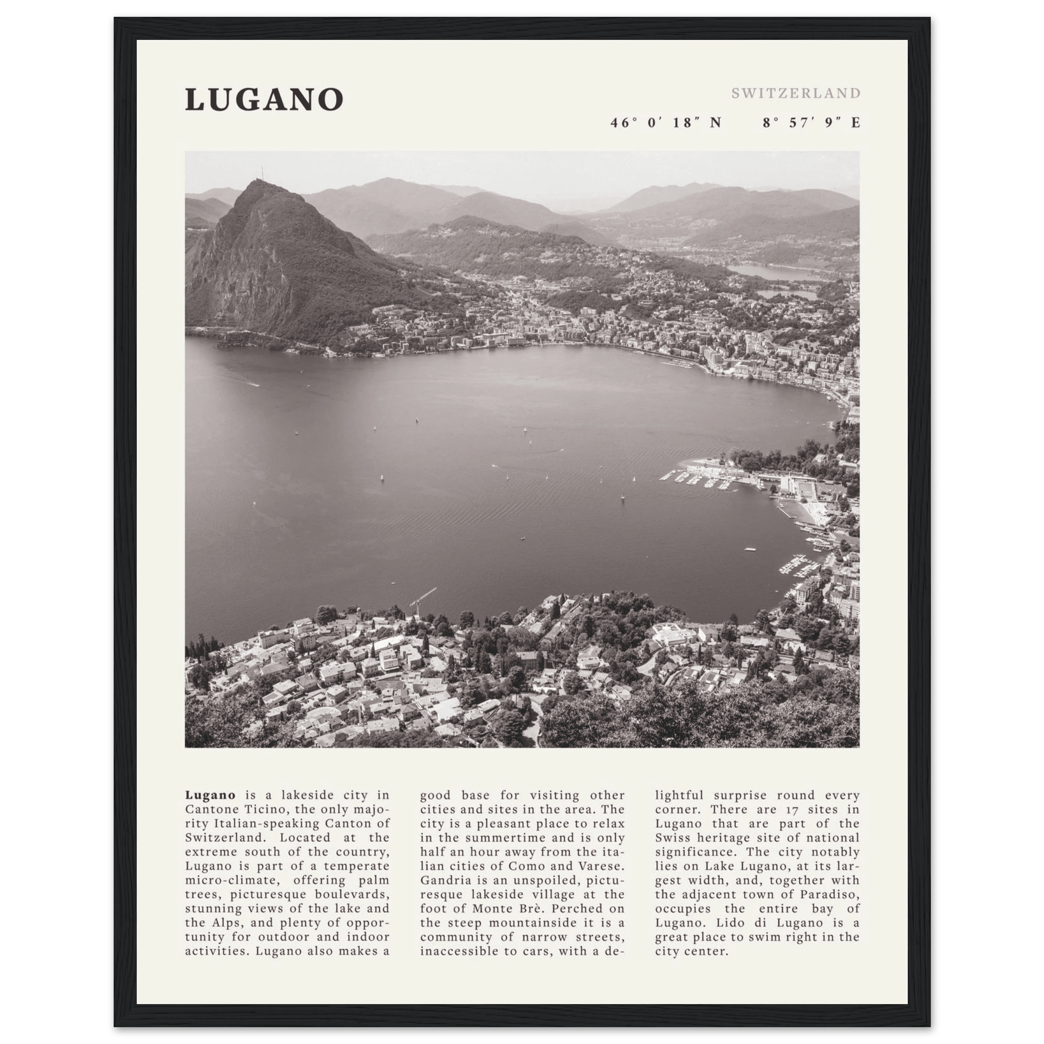 Lugano Poster | Black & White Swiss Lake Wall Art | Switzerland Travel Print - Evergreen Posters