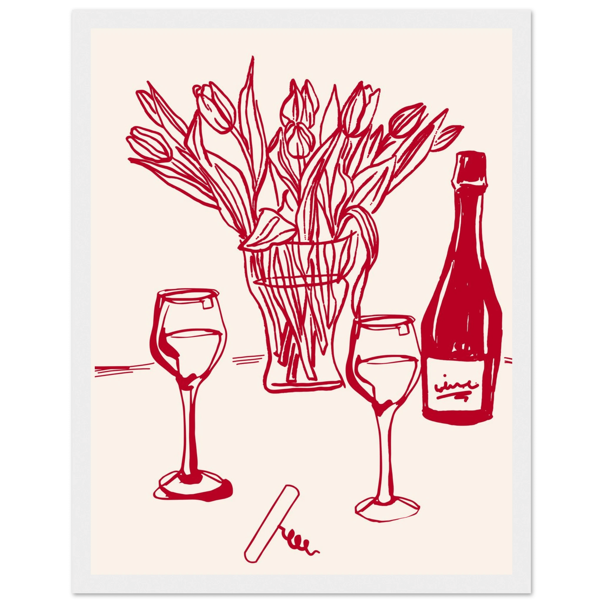 Red Wine & Tulips Print | Line Art Wine Bottle Wall Art | Kitchen Poster - Evergreen Posters