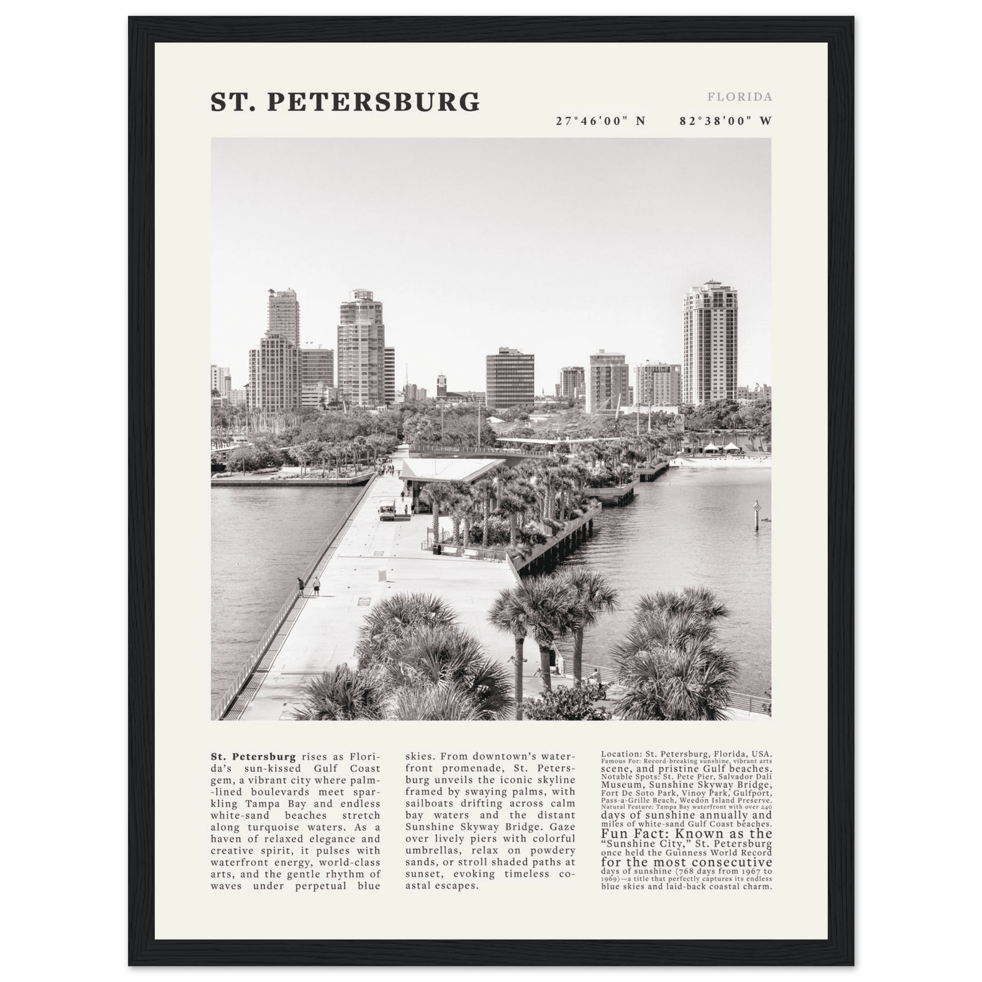 St. Petersburg Florida Poster Black and White – Vintage St Pete Skyline Print (Digital & Printed Options) - Evergreen Posters