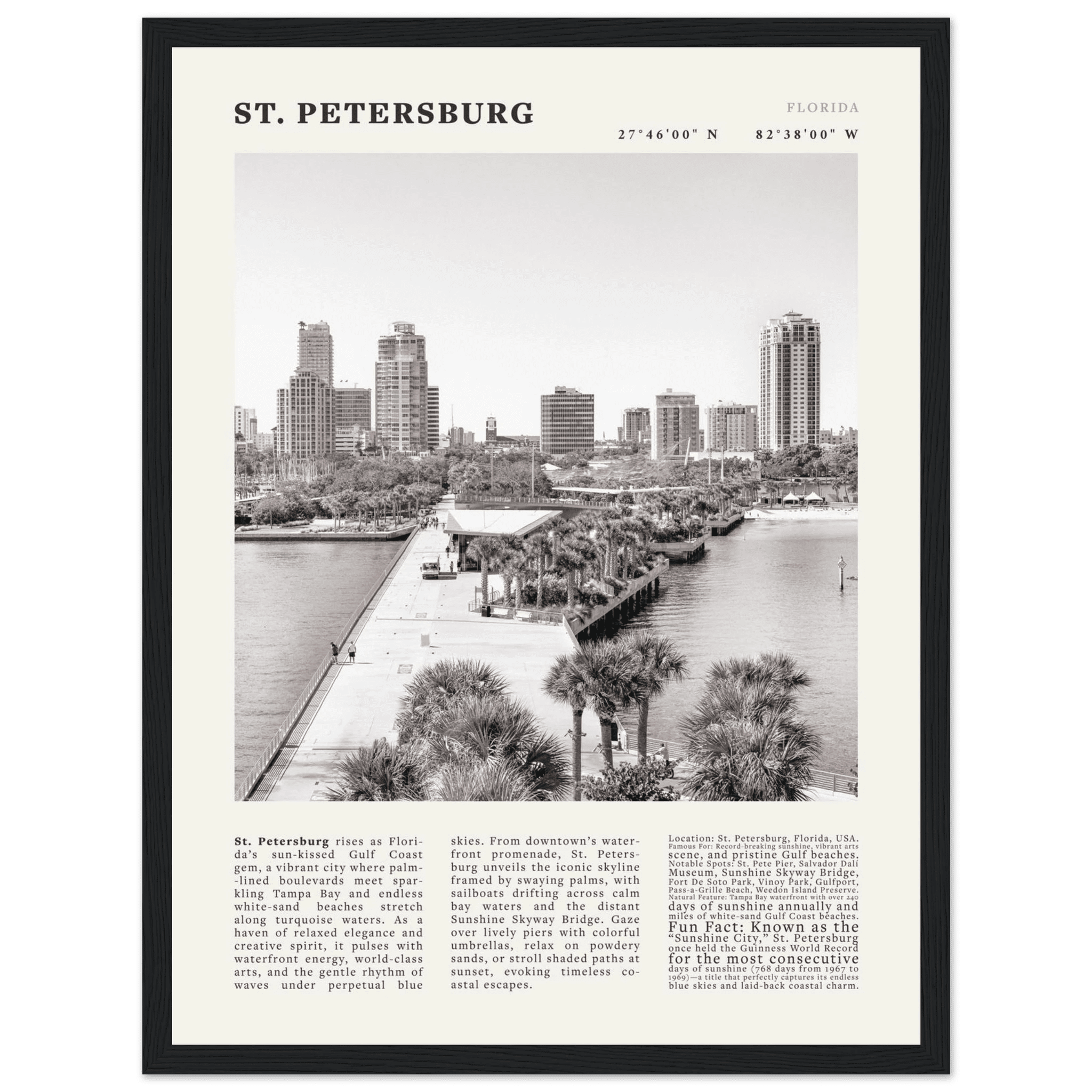 St. Petersburg Florida Poster Black and White – Vintage St Pete Skyline Print (Digital & Printed Options) - Evergreen Posters