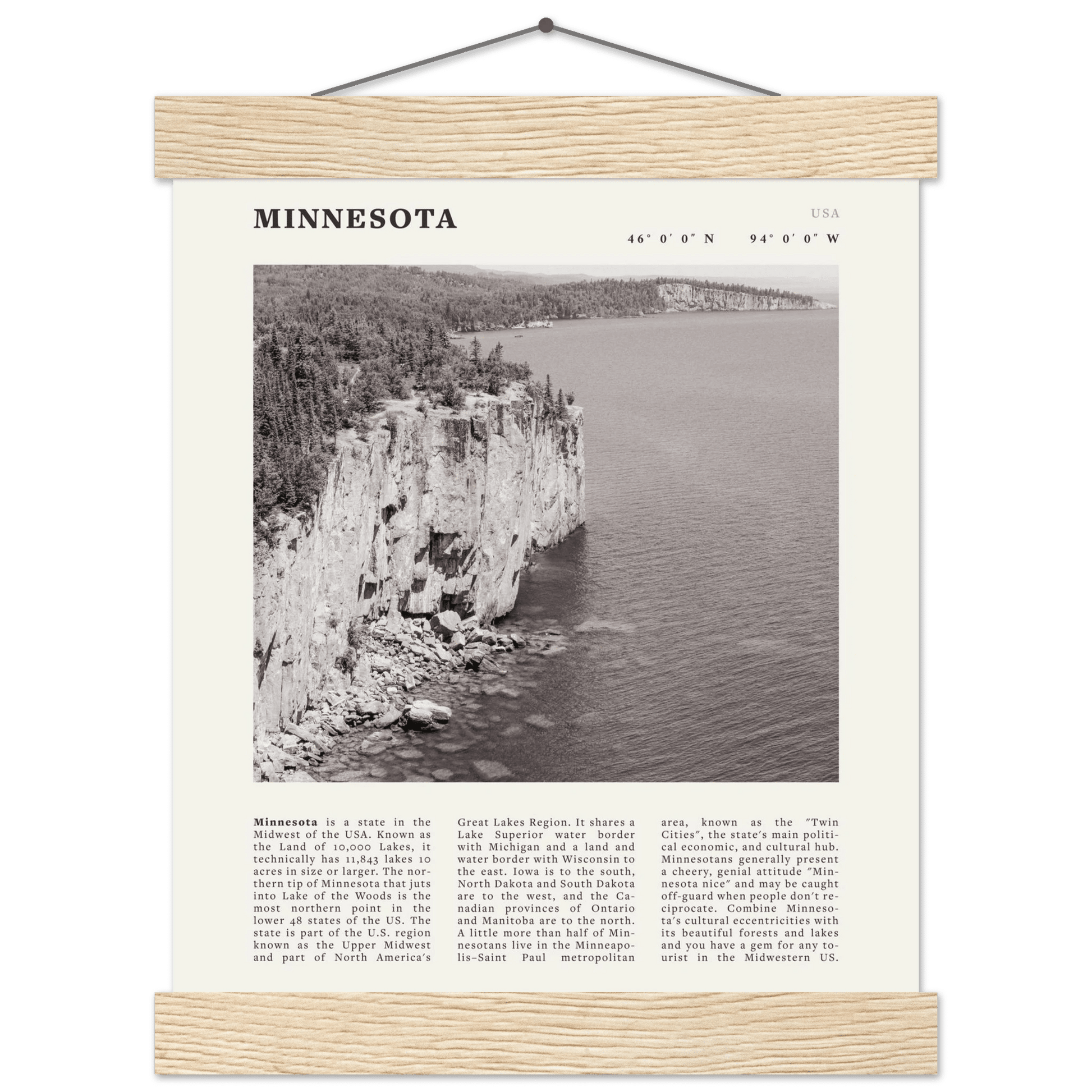 Minnesota Poster | Black & White Lake Superior Wall Art | USA Nature Travel Print - Evergreen Posters