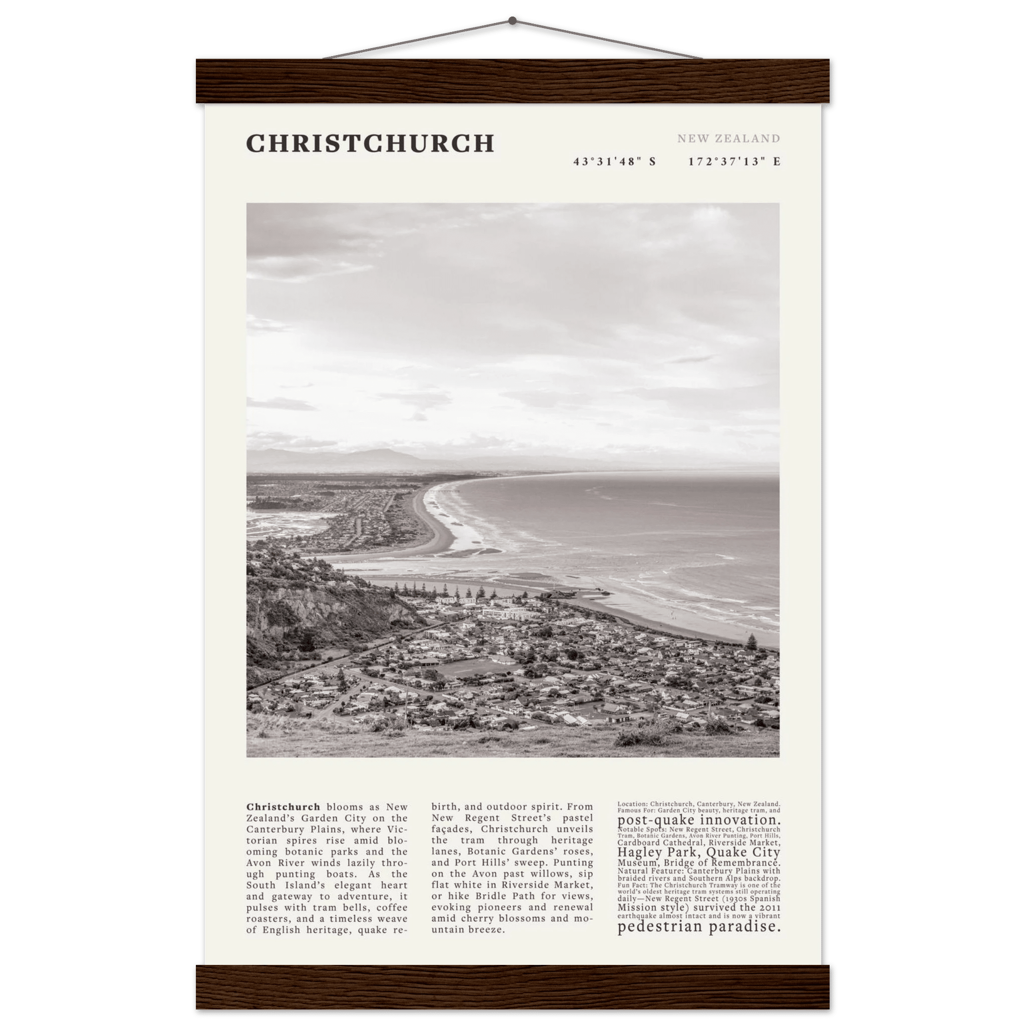 Christchurch New Zealand Poster Black and White – Vintage Garden City Panorama Print - Evergreen Posters