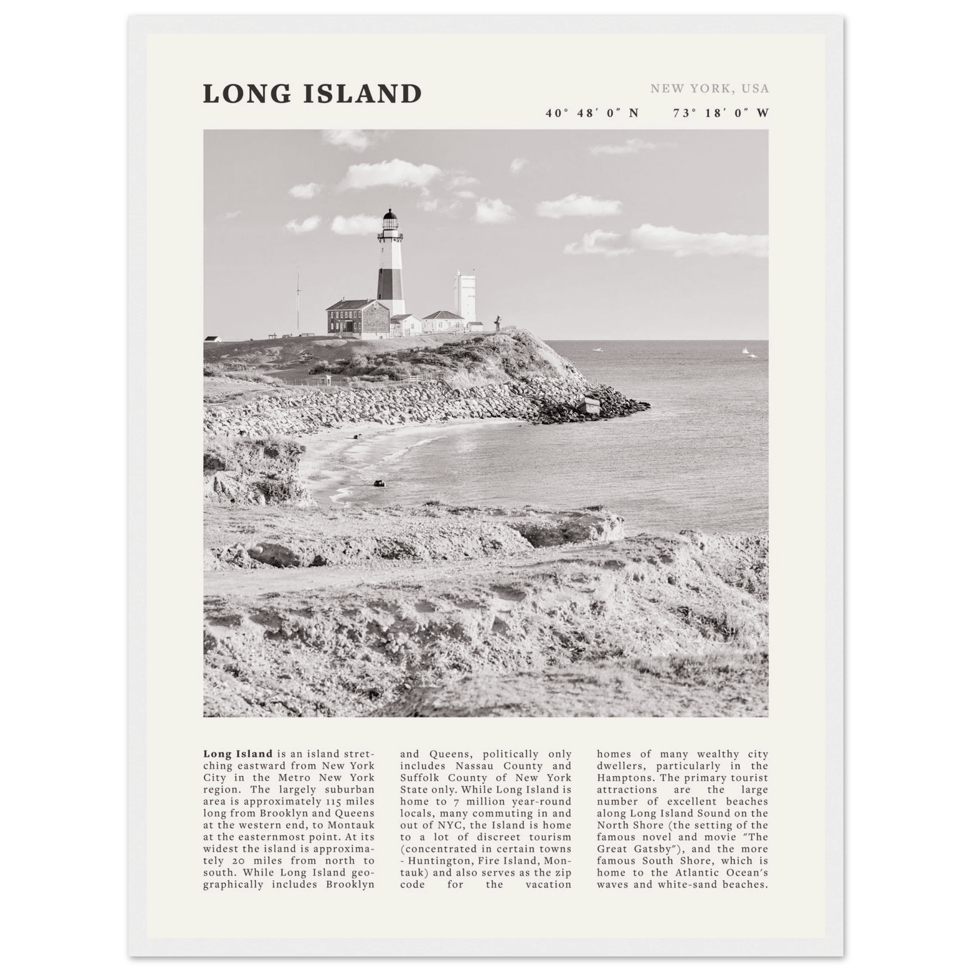 Long Island Poster | Black & White Montauk Lighthouse Wall Art | New York Print - Evergreen Posters