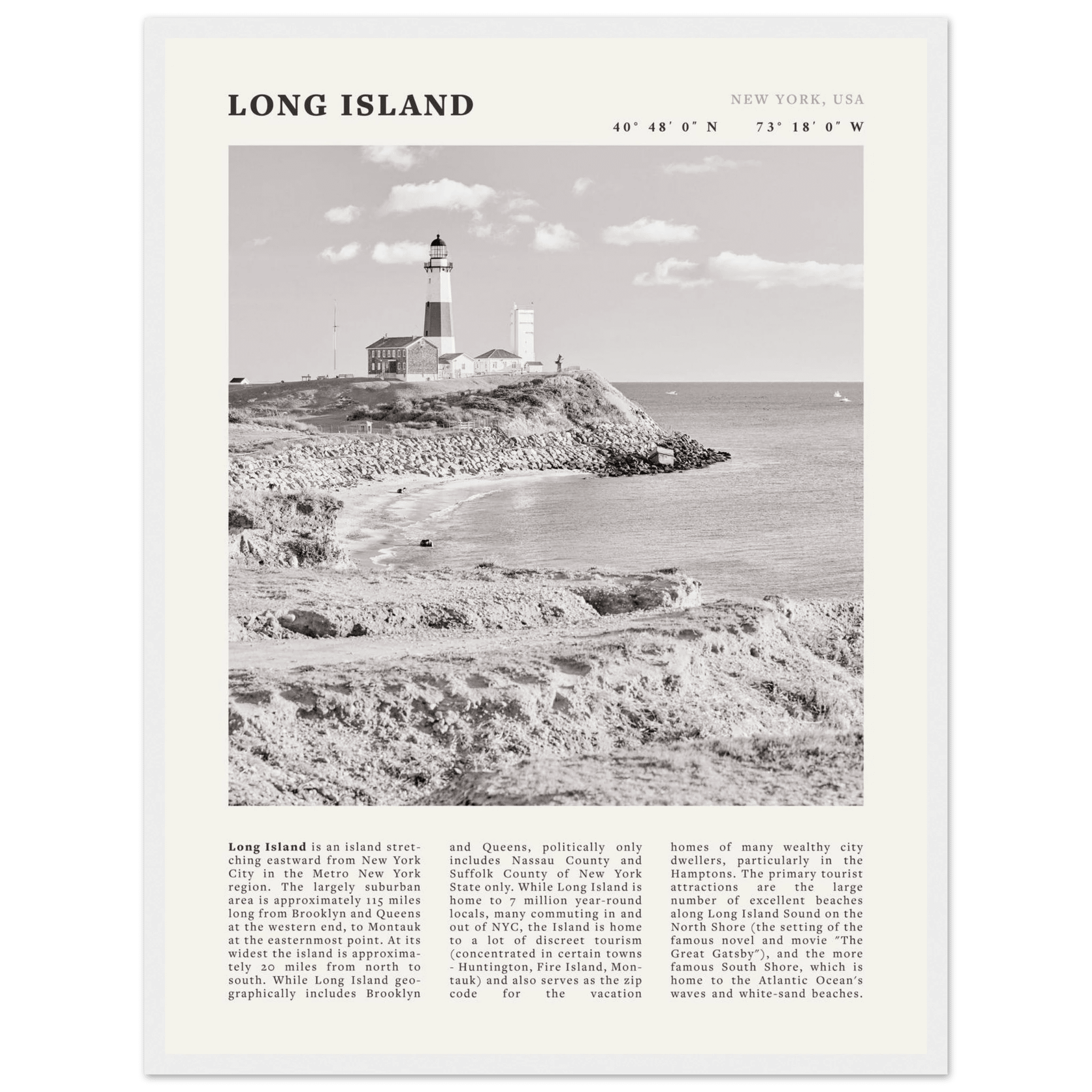 Long Island Poster | Black & White Montauk Lighthouse Wall Art | New York Print - Evergreen Posters