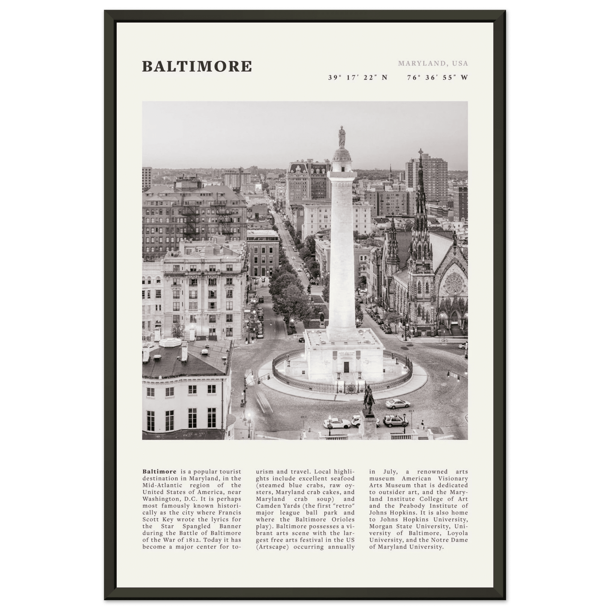 Baltimore Poster | Black & White Maryland City Wall Art | USA Travel Print - Evergreen Posters