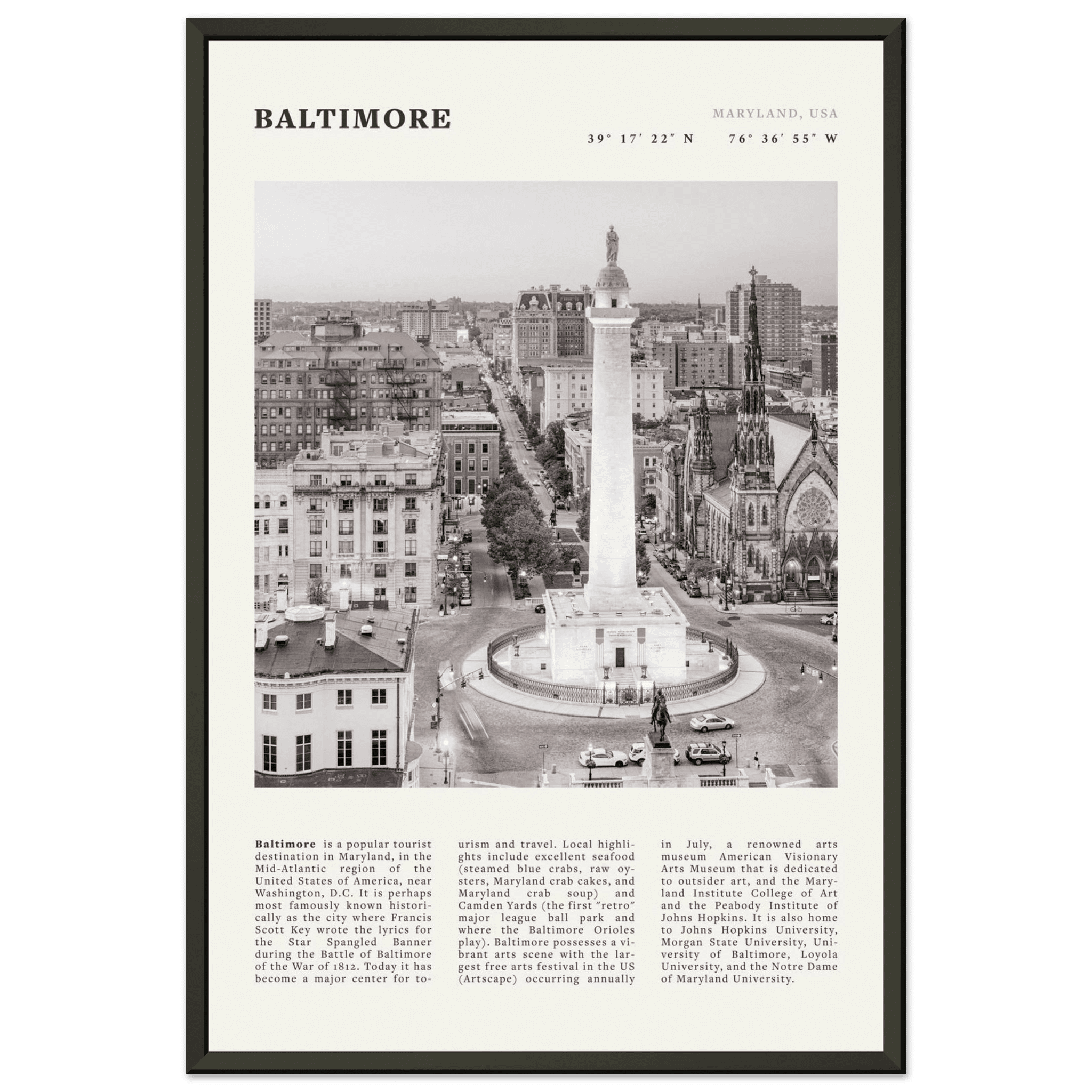 Baltimore Poster | Black & White Maryland City Wall Art | USA Travel Print - Evergreen Posters