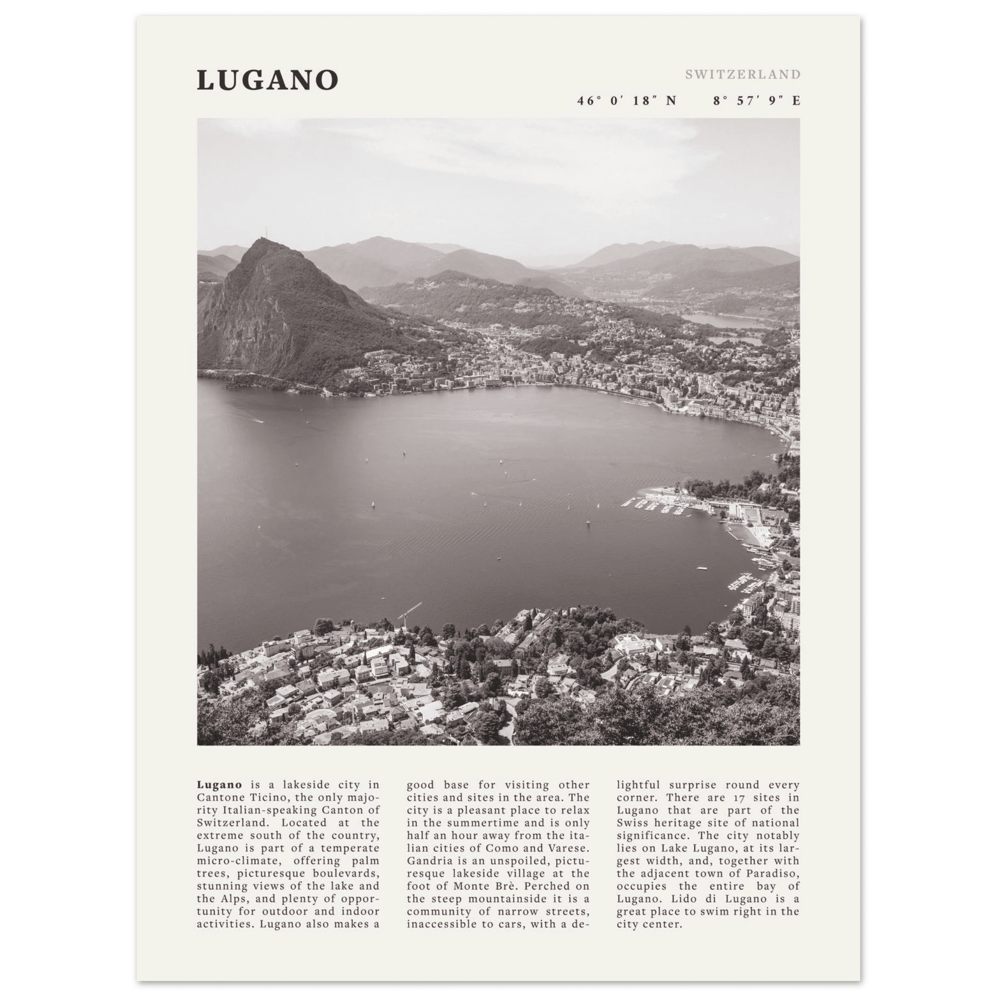 Lugano Poster | Black & White Swiss Lake Wall Art | Switzerland Travel Print - Evergreen Posters