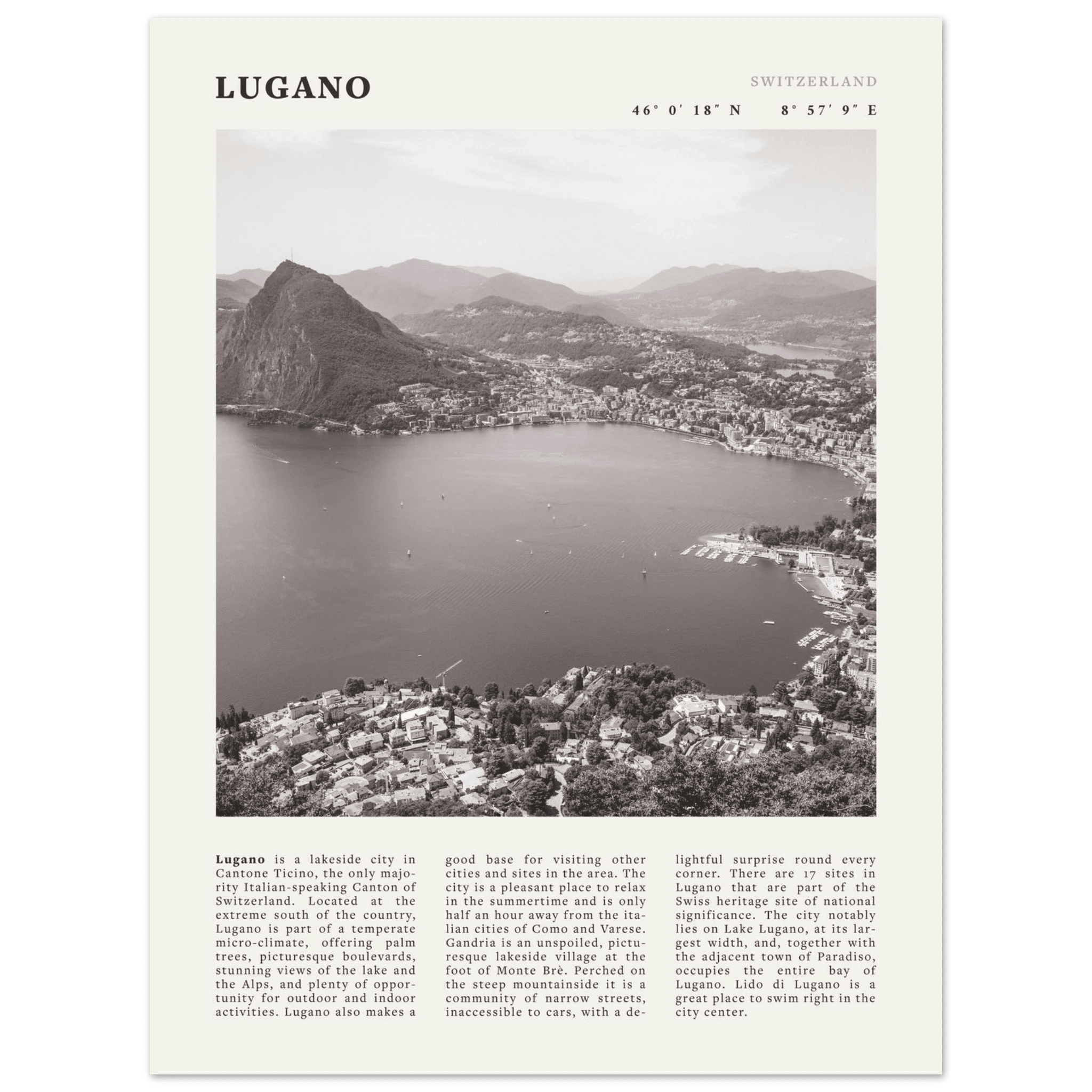 Lugano Poster | Black & White Swiss Lake Wall Art | Switzerland Travel Print - Evergreen Posters