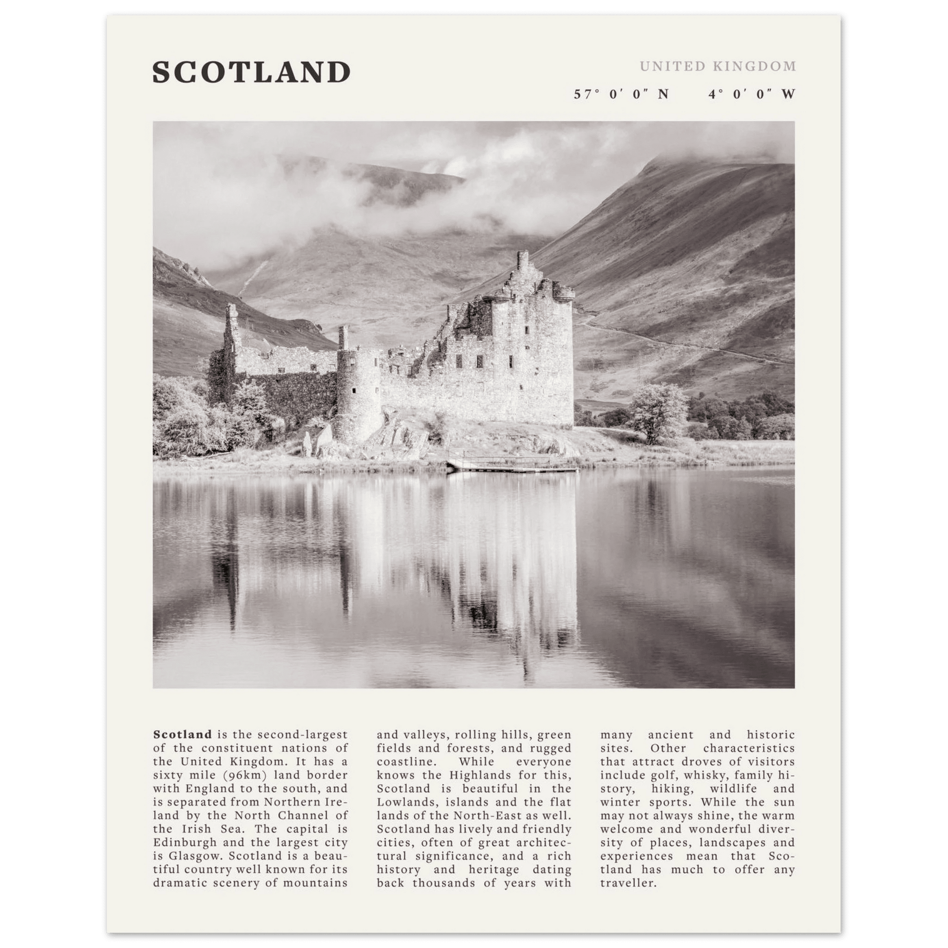 Scotland Poster | Black & White Highland Castle Wall Art | UK Travel Print Decor - Evergreen Posters