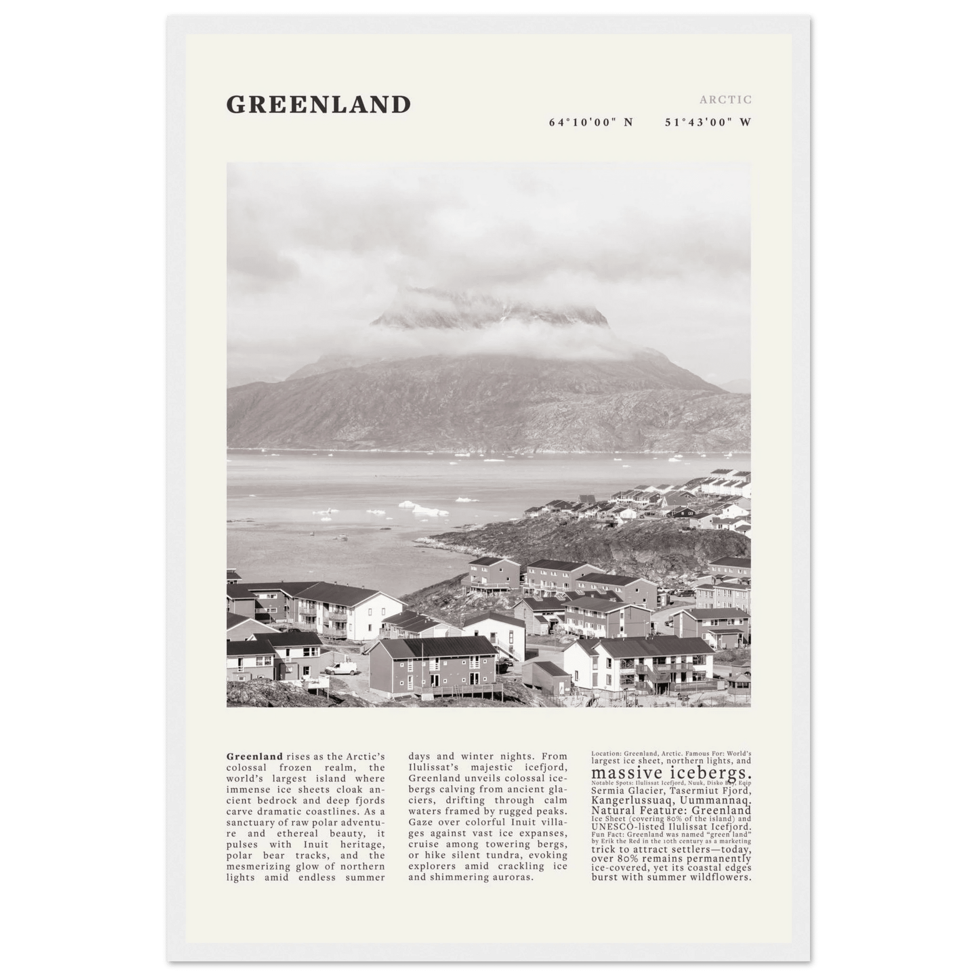 Greenland Poster Black and White – Vintage Arctic Fjord Landscape Print (Digital & Printed Options) - Evergreen Posters