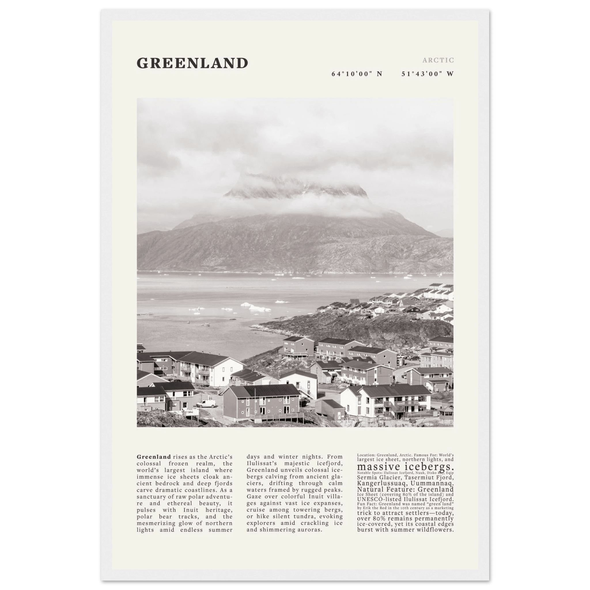 Greenland Poster Black and White – Vintage Arctic Fjord Landscape Print (Digital & Printed Options) - Evergreen Posters