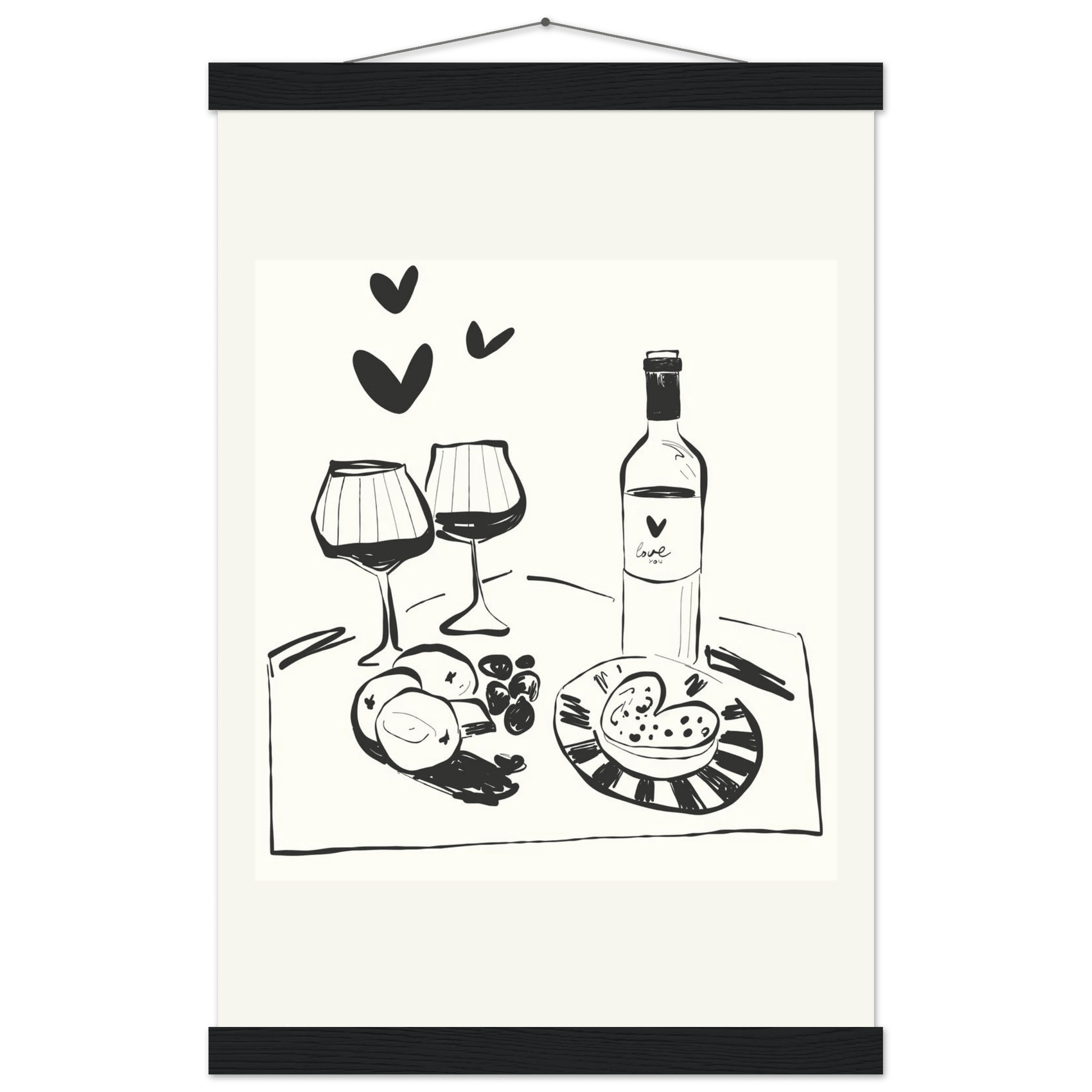 Wine for Two Print | Black Line Art Romantic Kitchen Wall Art | Couples Poster - Evergreen Posters
