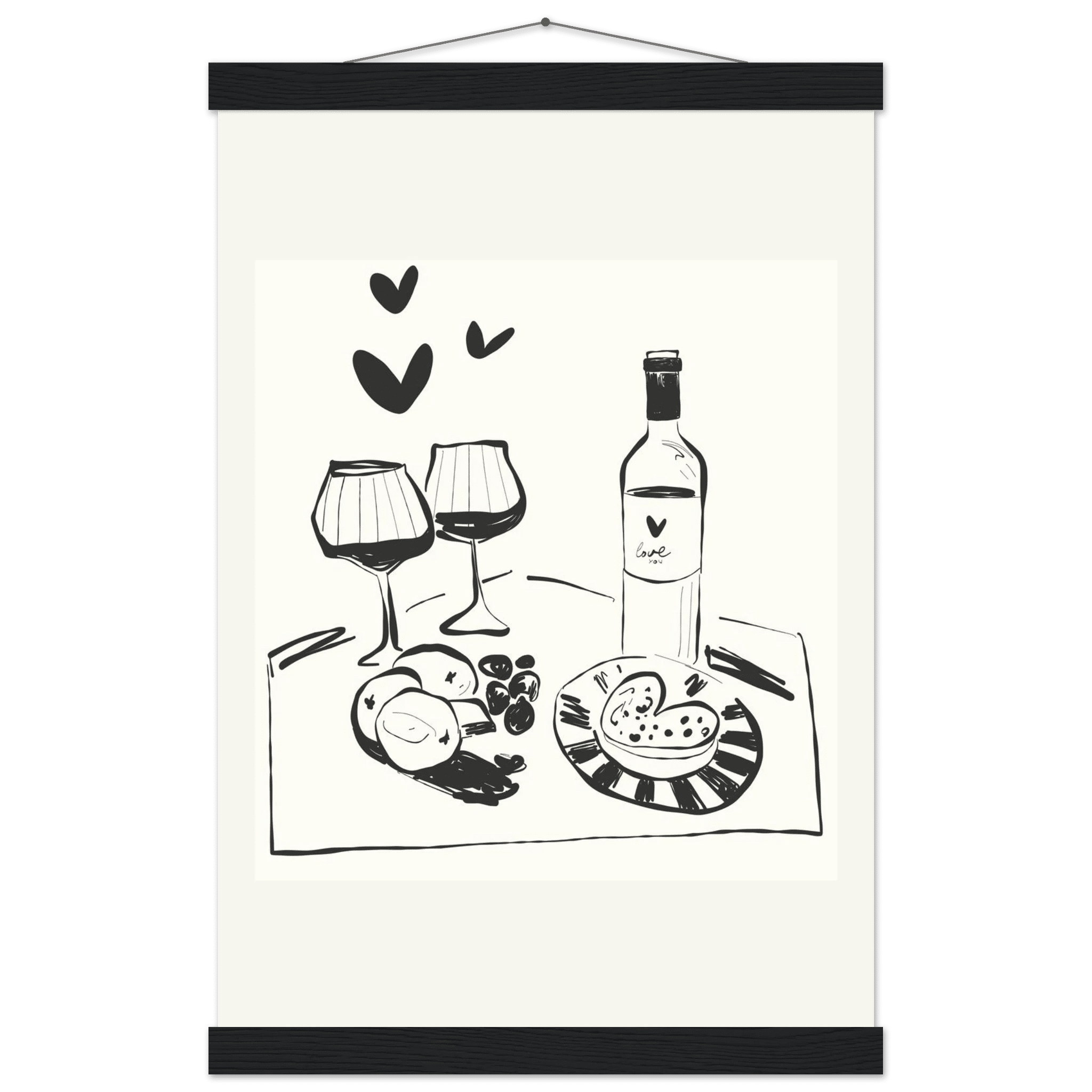 Wine for Two Print | Black Line Art Romantic Kitchen Wall Art | Couples Poster - Evergreen Posters