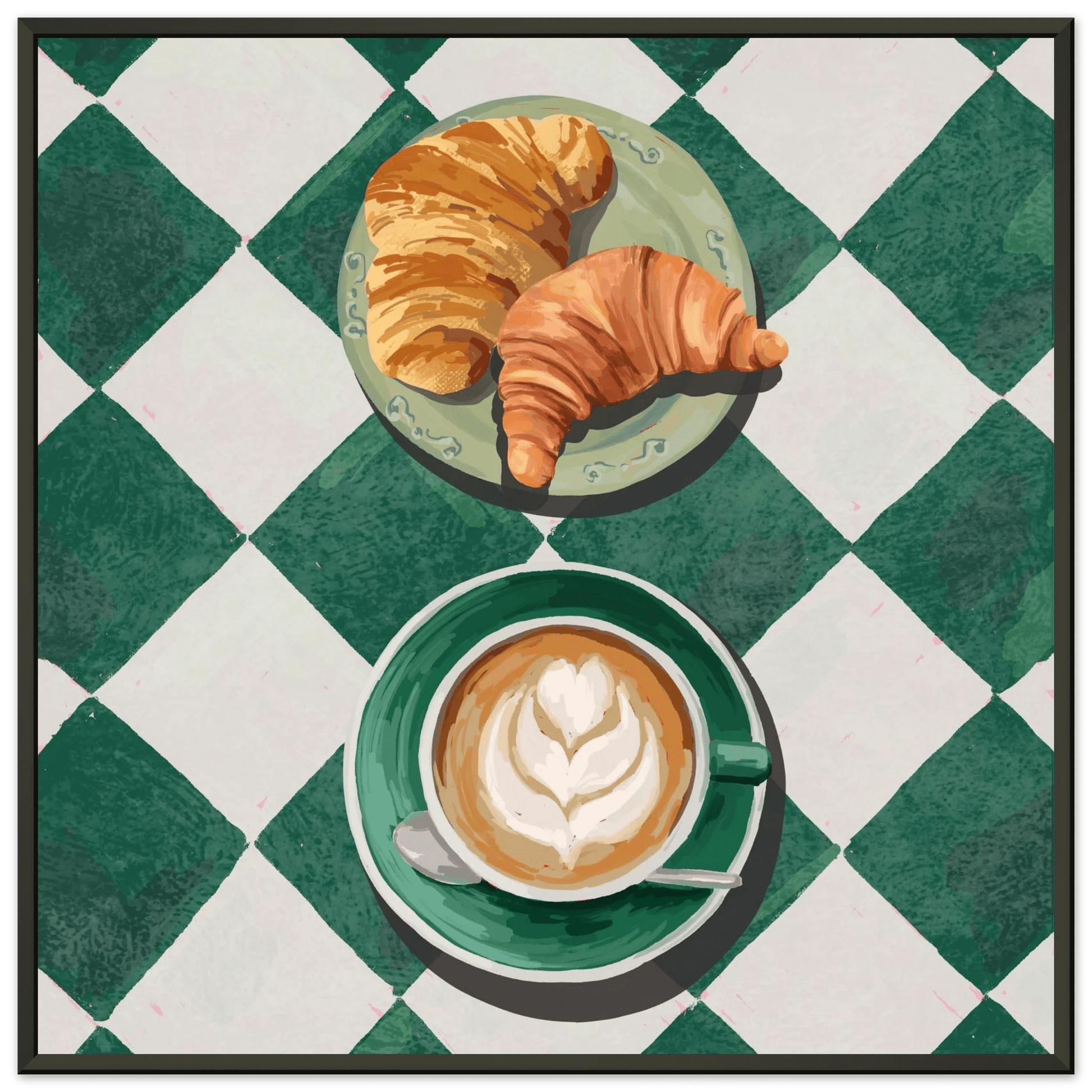 Croissant & Latte Poster | Classic Kitchen Wall Art | Green Tile Square Breakfast Print - Evergreen Posters - 34