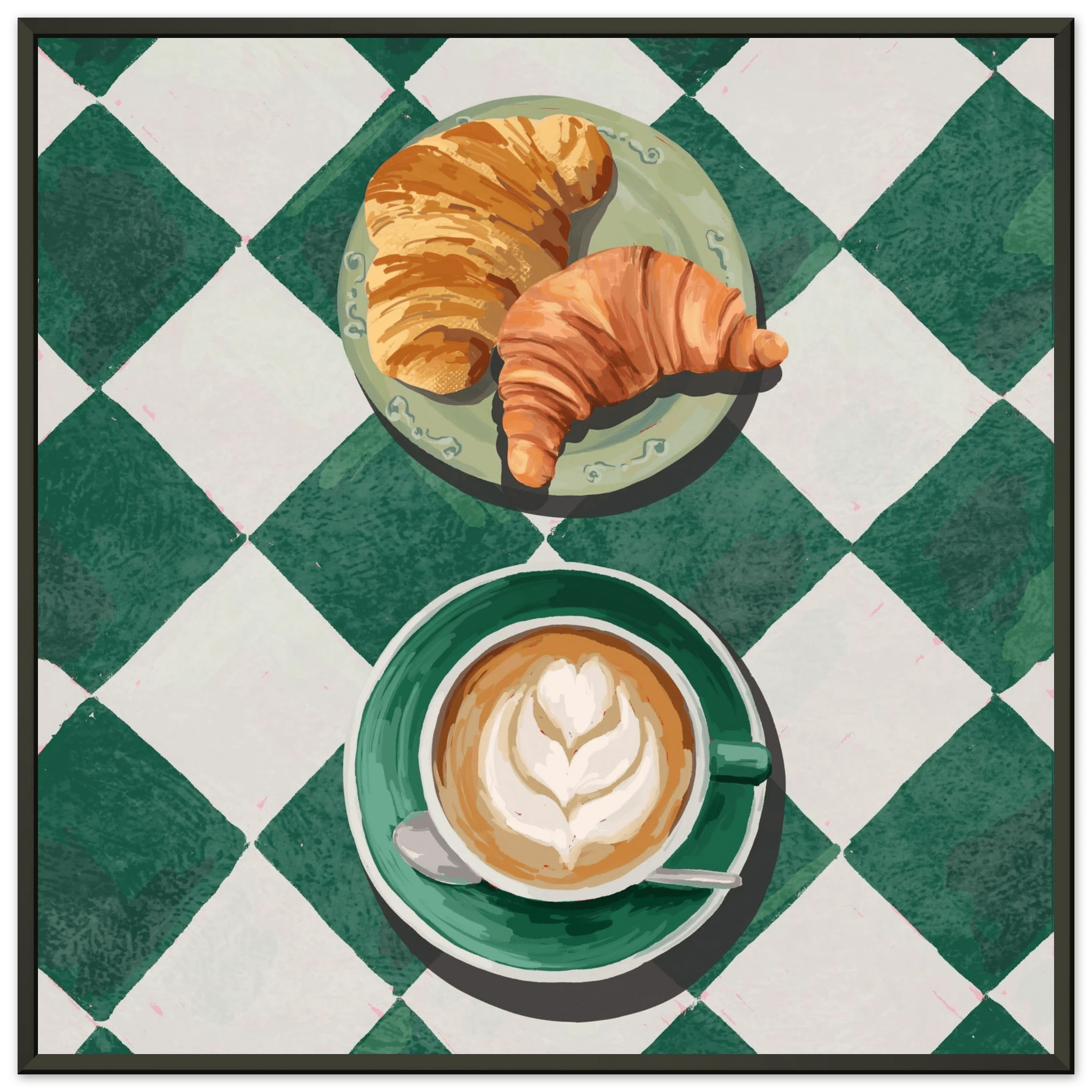 Croissant & Latte Poster | Classic Kitchen Wall Art | Green Tile Square Breakfast Print - Evergreen Posters - 34