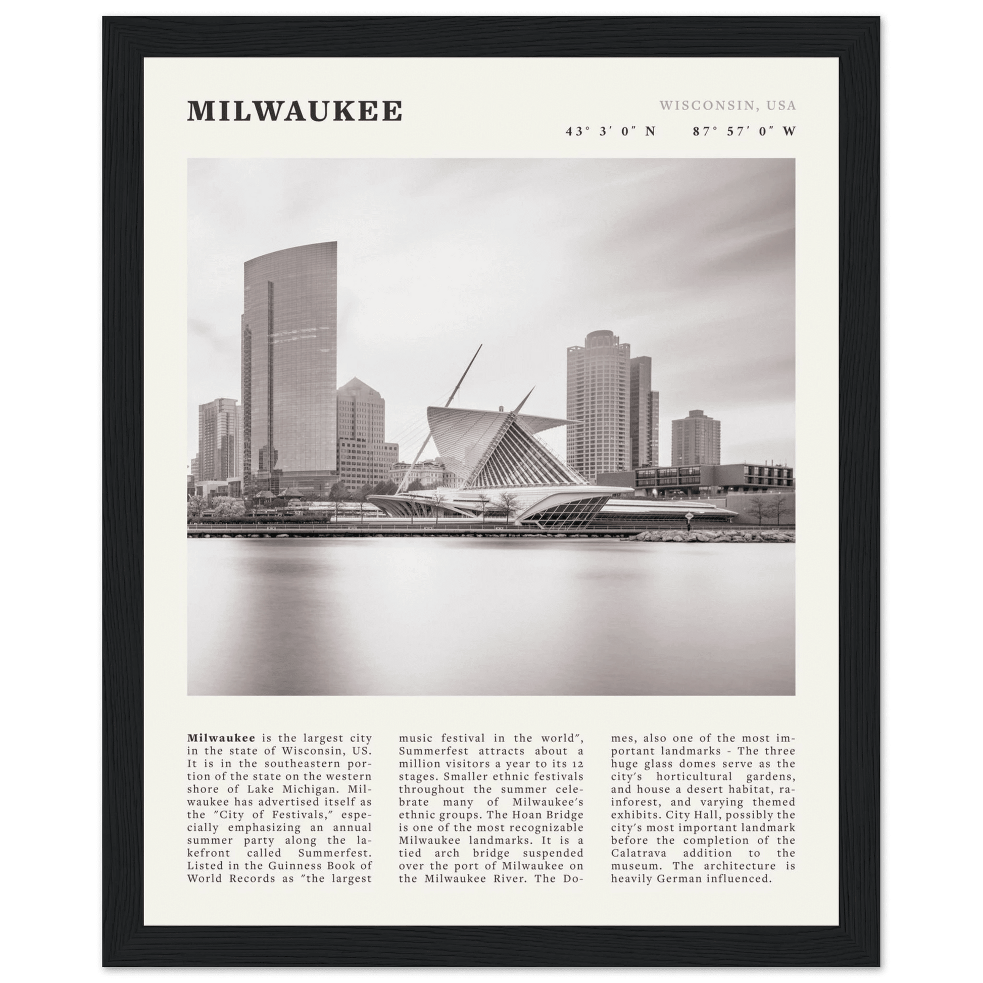 Milwaukee Poster | Black & White Wisconsin City Wall Art | USA Travel Print - Evergreen Posters