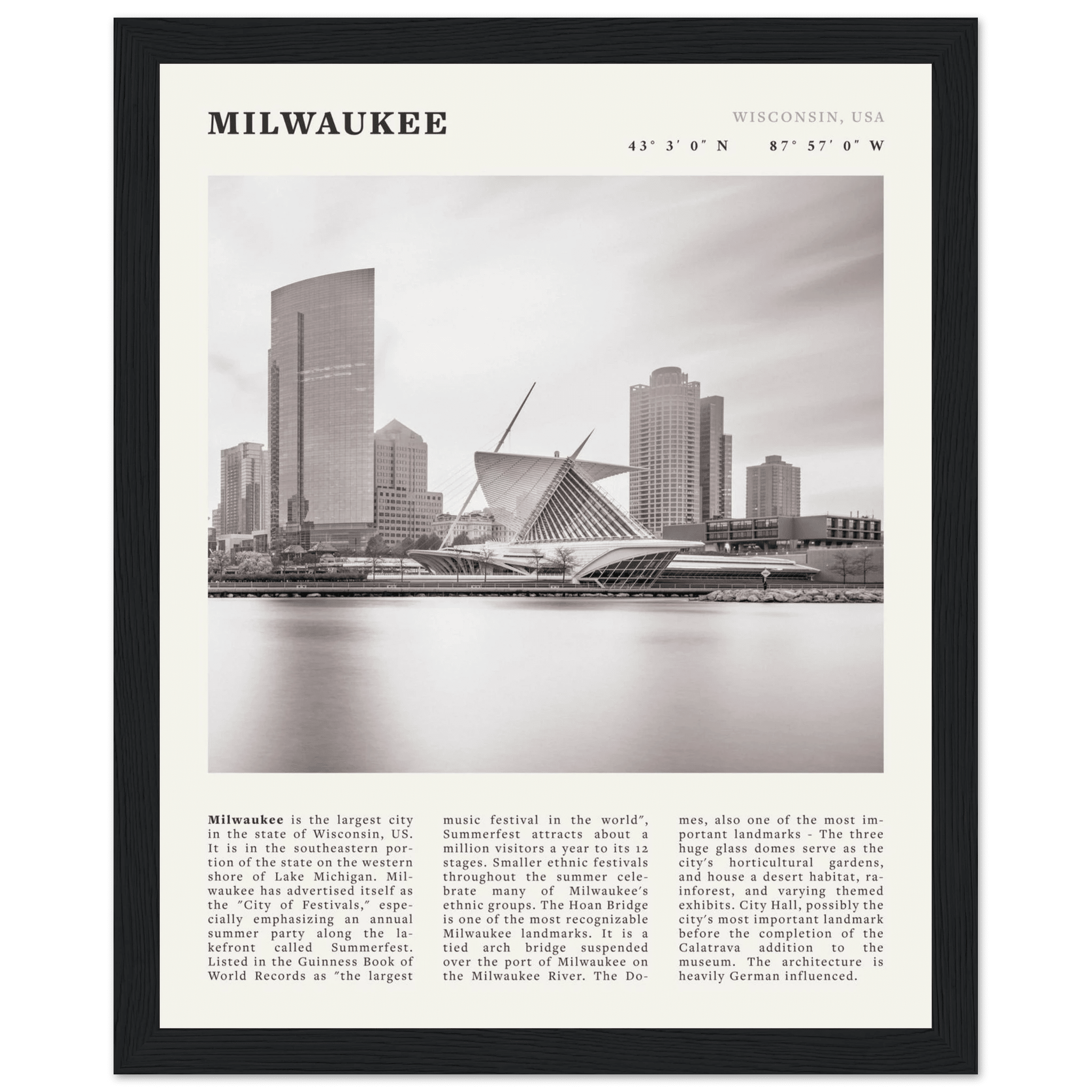 Milwaukee Poster | Black & White Wisconsin City Wall Art | USA Travel Print - Evergreen Posters