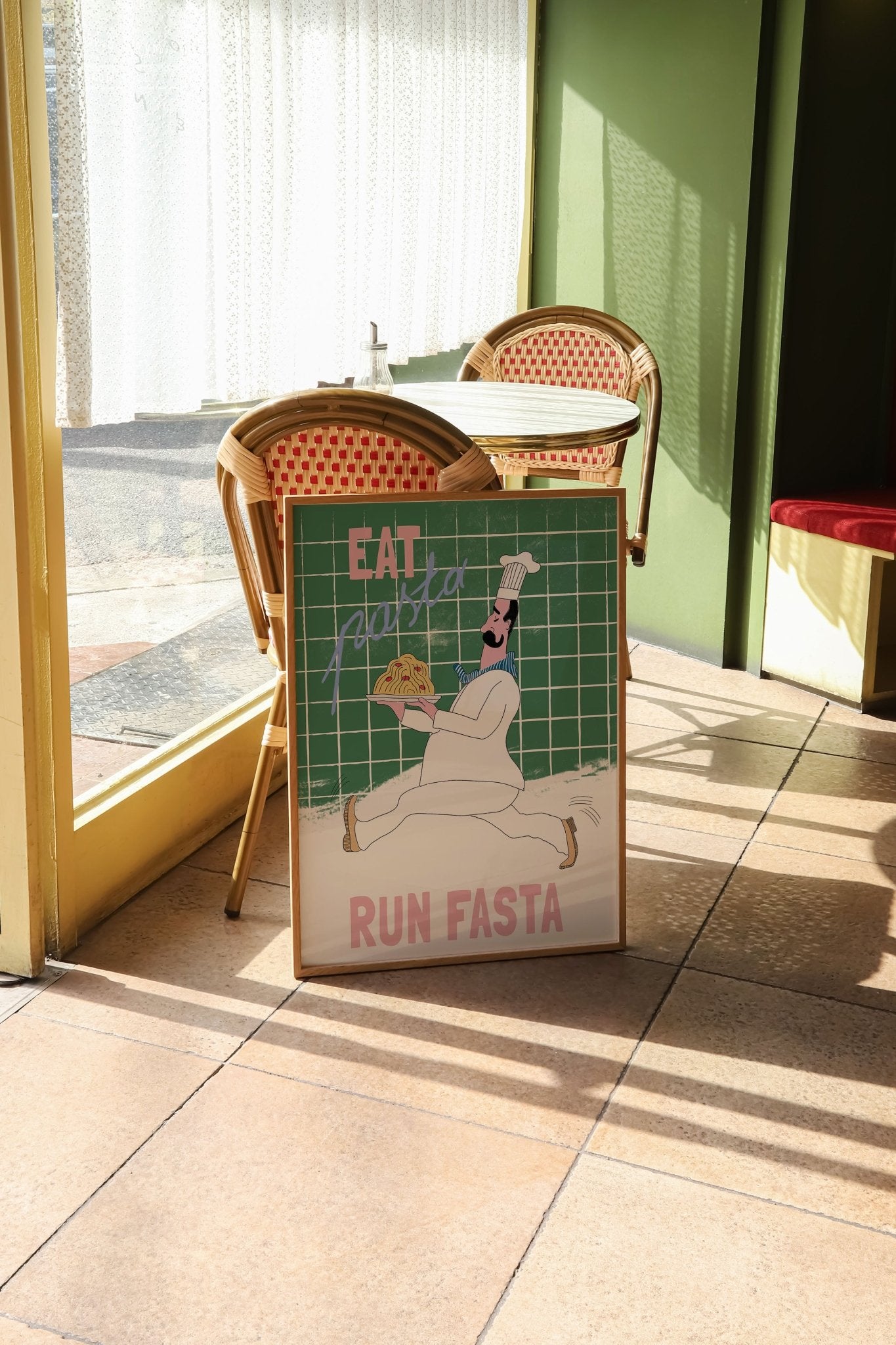 Eat Pasta Run Fasta Poster – Playful Kitchen Wall Art Print (Green Edition) - Evergreen Posters