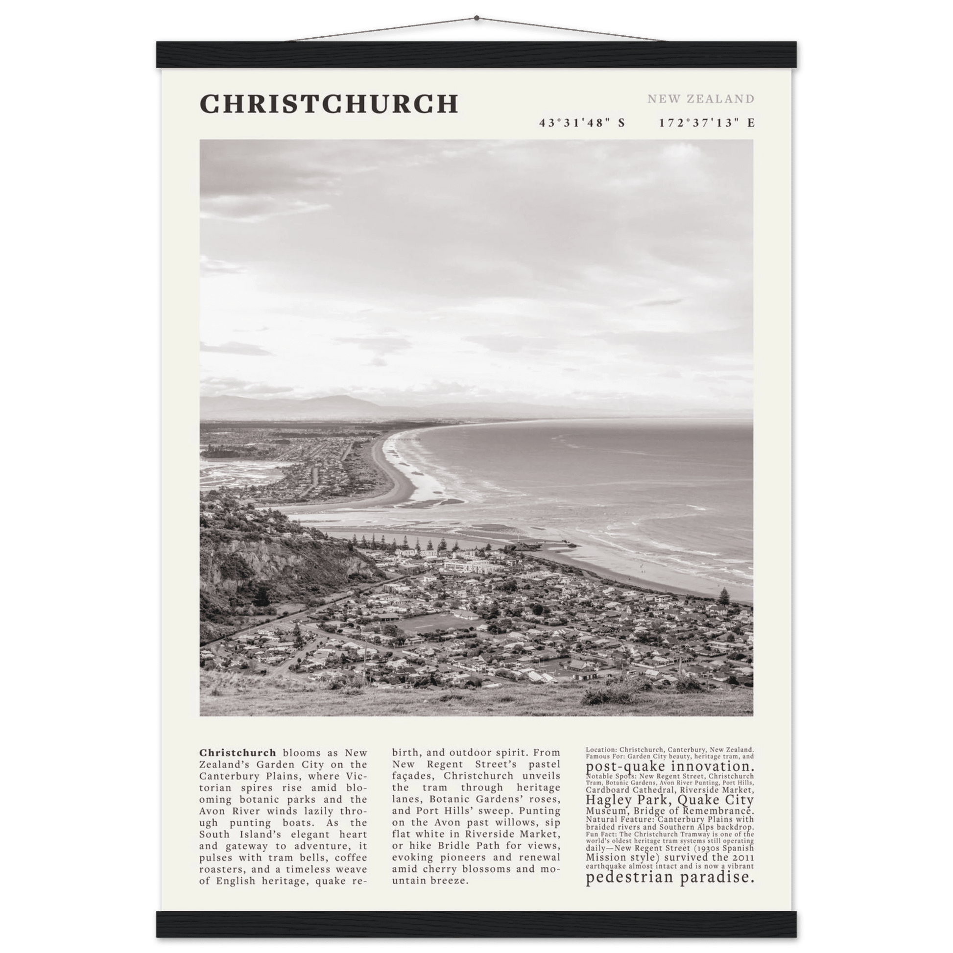 Christchurch New Zealand Poster Black and White – Vintage Garden City Panorama Print - Evergreen Posters