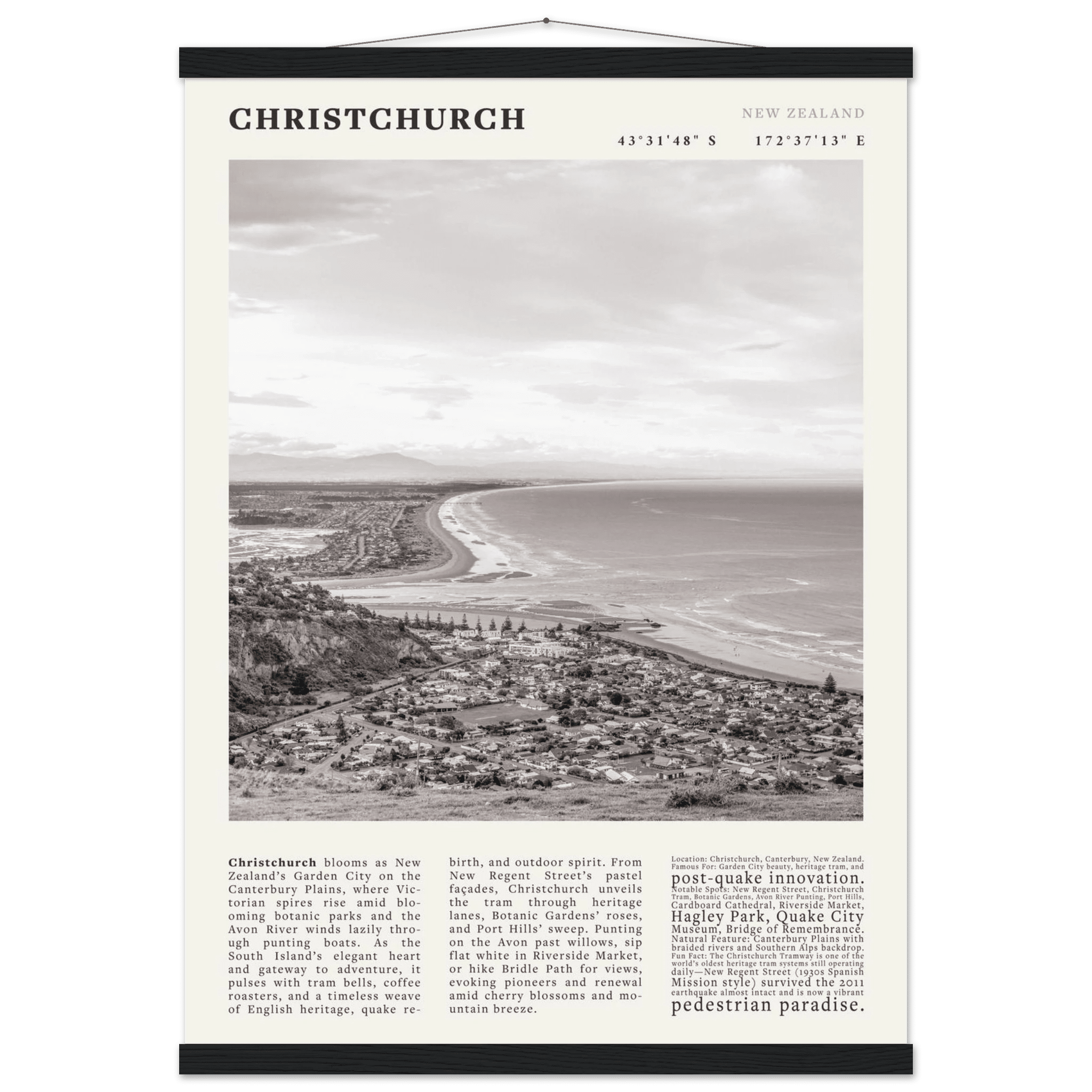 Christchurch New Zealand Poster Black and White – Vintage Garden City Panorama Print - Evergreen Posters