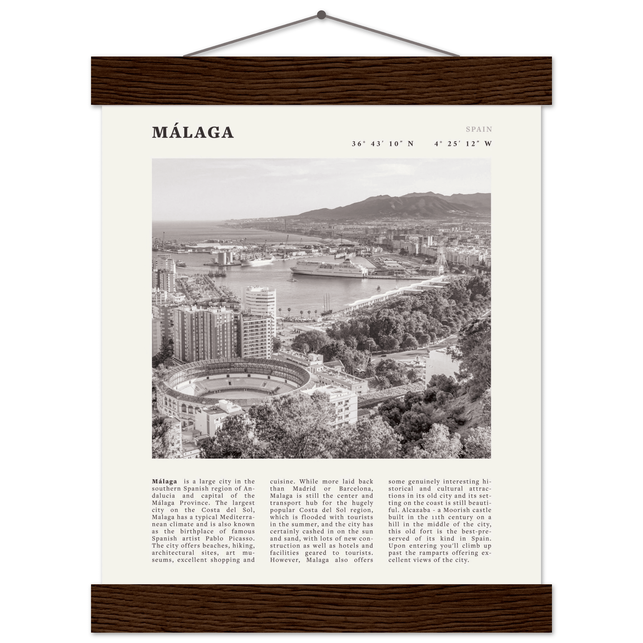 Málaga Poster | Black & White Costa del Sol Wall Art | Spain Travel Print - Evergreen Posters