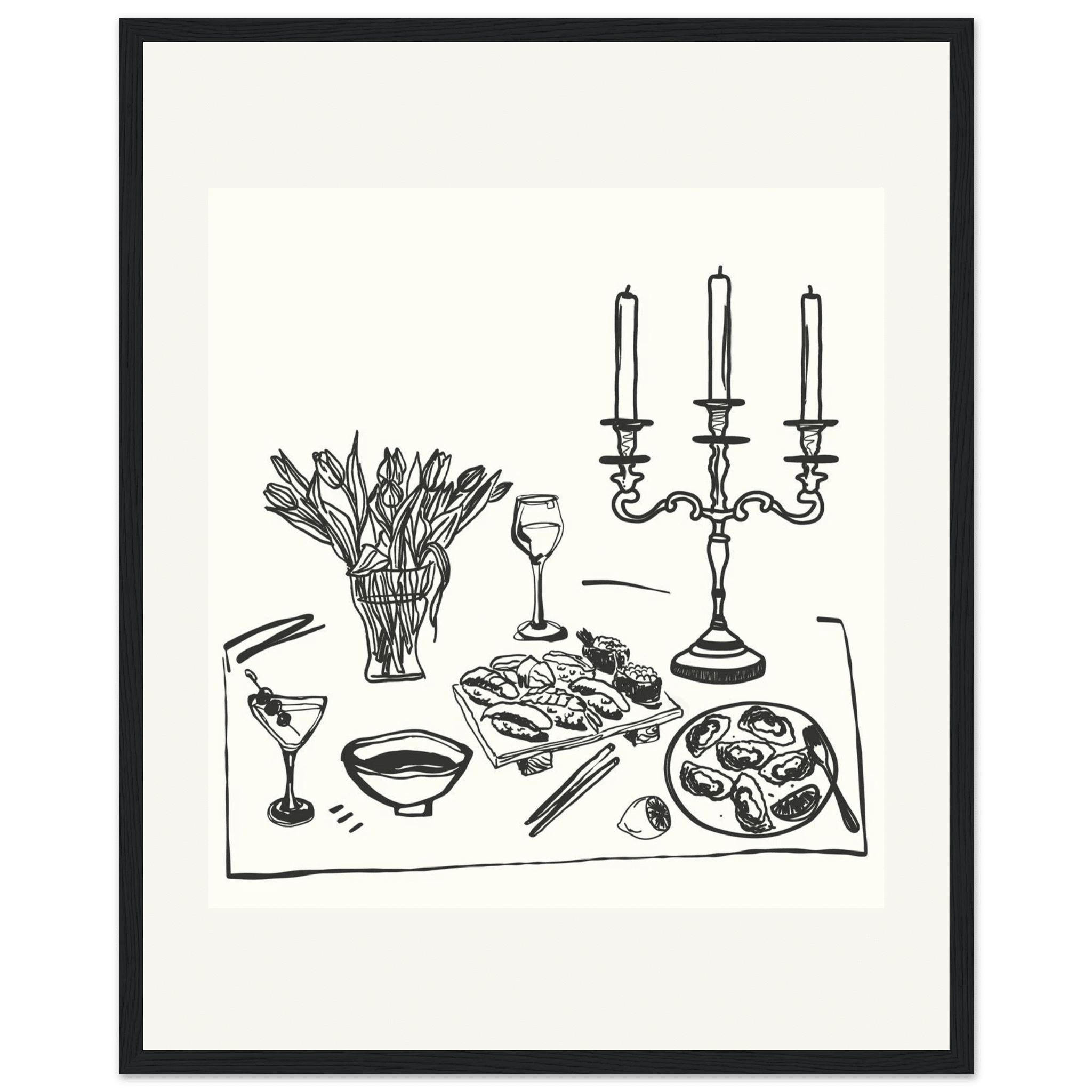 Fine Dining Table Print | Black Line Art Kitchen Wall Art | Elegant Dining Room Poster - Evergreen Posters