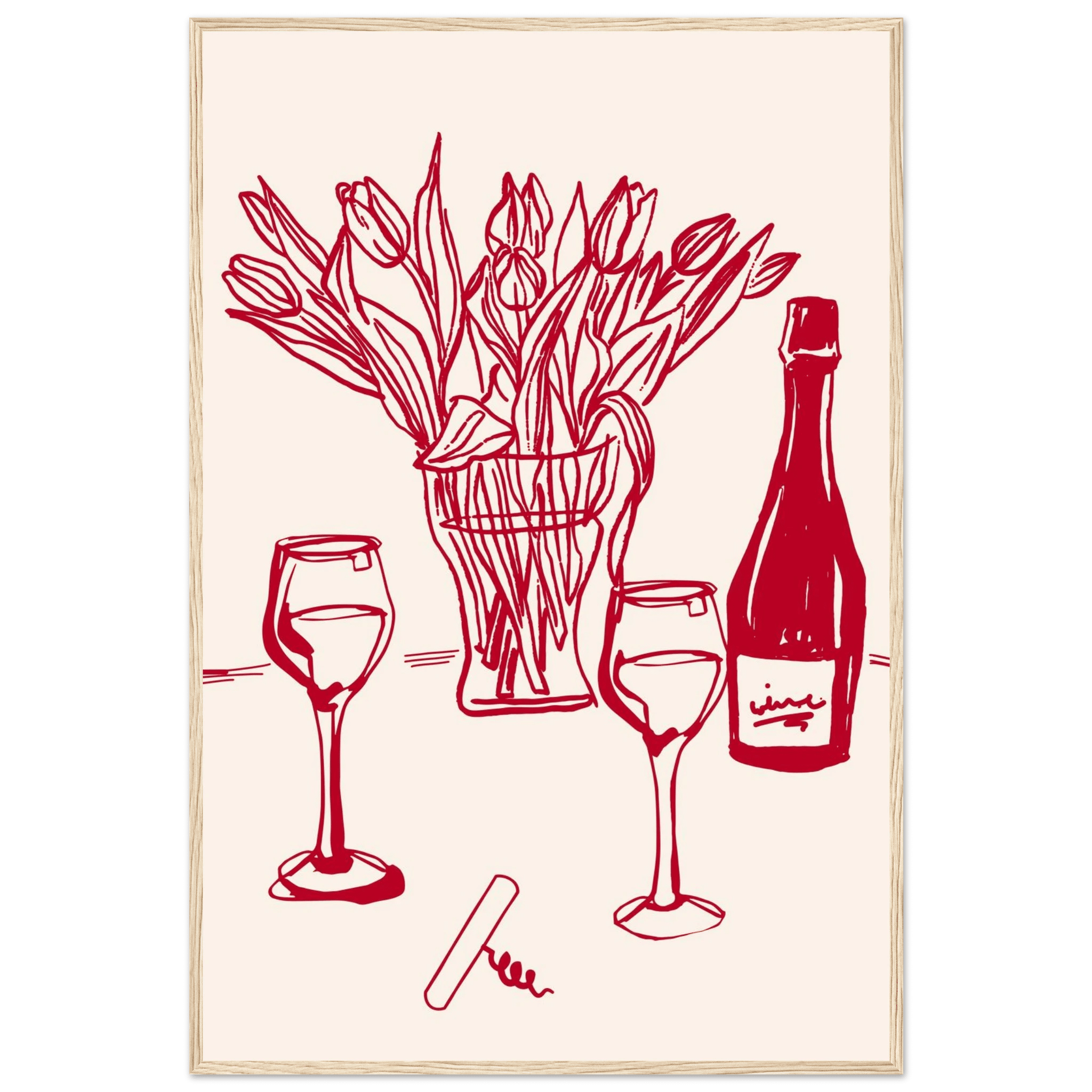 Red Wine & Tulips Print | Line Art Wine Bottle Wall Art | Kitchen Poster - Evergreen Posters