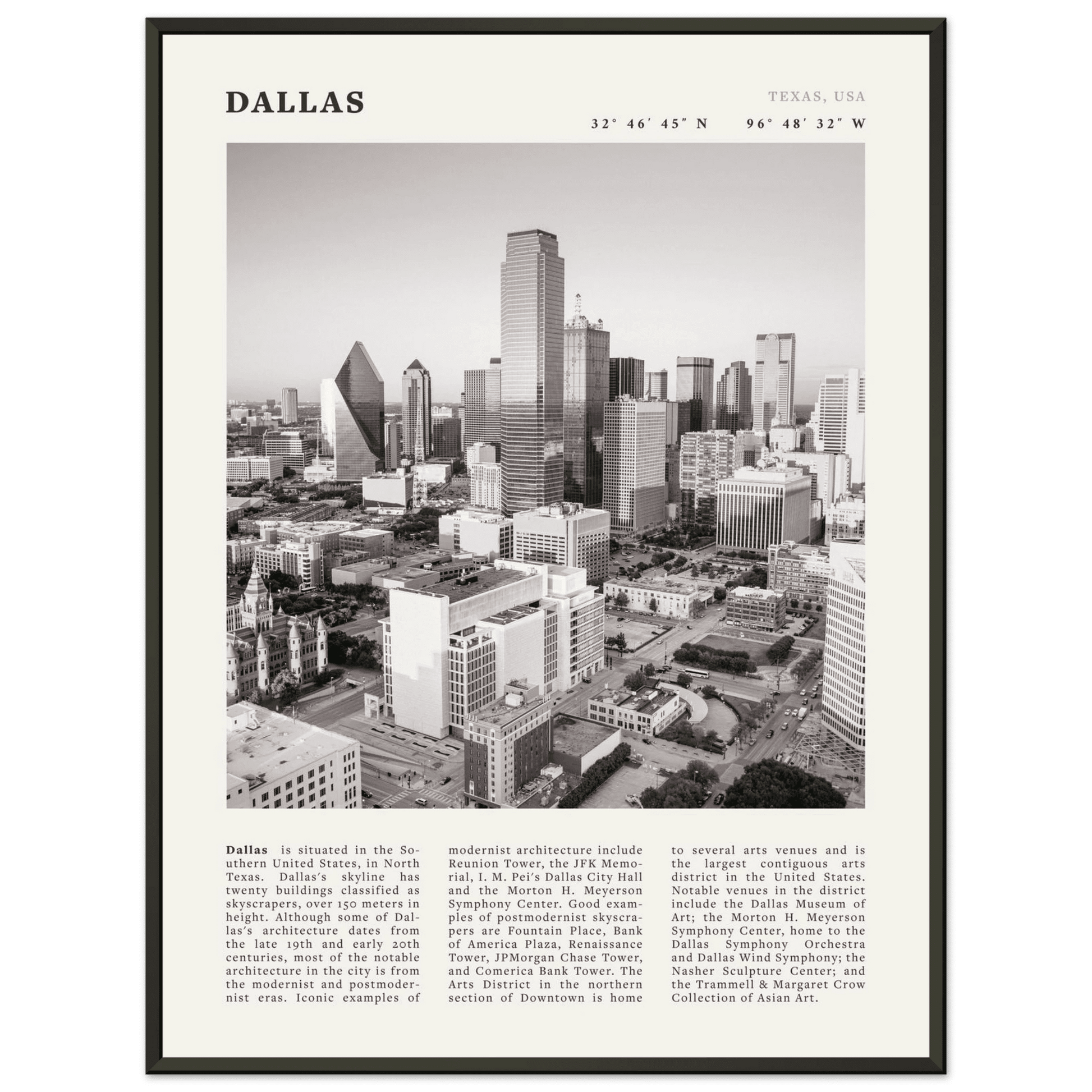 Dallas Poster | Black & White Texas Skyline Wall Art | City Travel Print Decor - Evergreen Posters