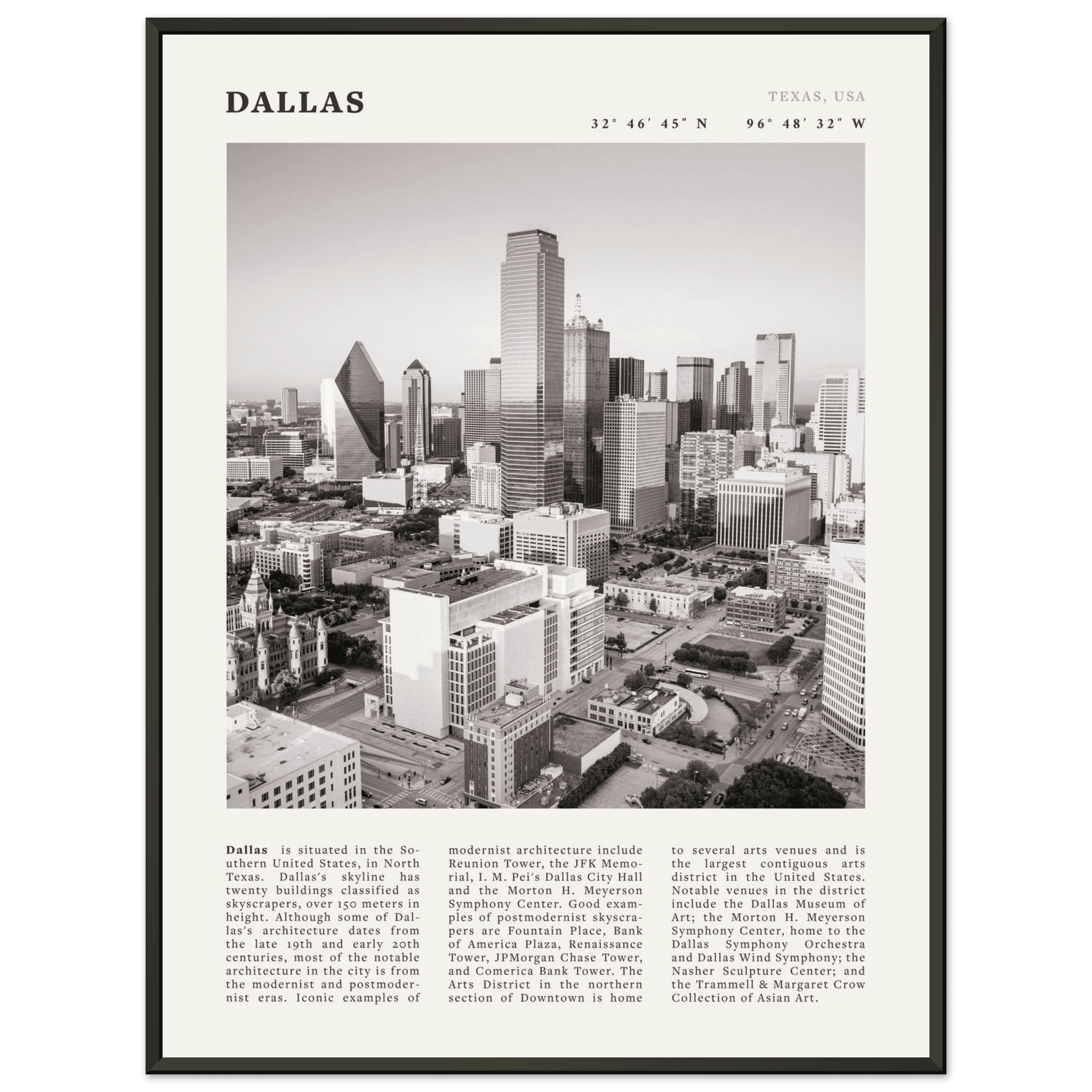 Dallas Poster | Black & White Texas Skyline Wall Art | City Travel Print Decor - Evergreen Posters
