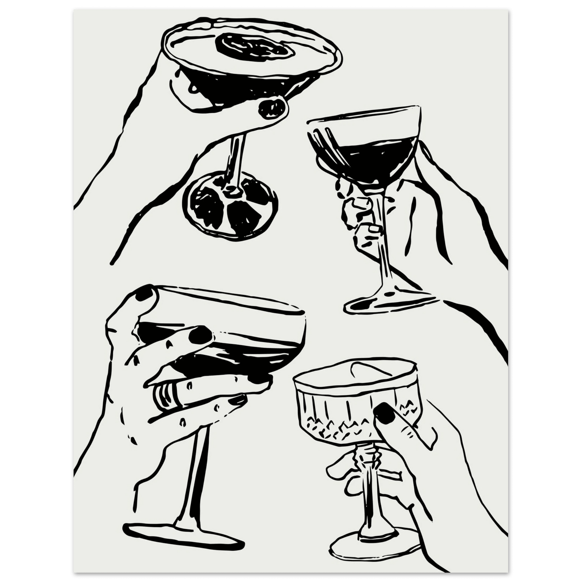 Cheers Print | Black Line Art Cocktail Glasses Wall Art | Kitchen Bar Poster - Evergreen Posters