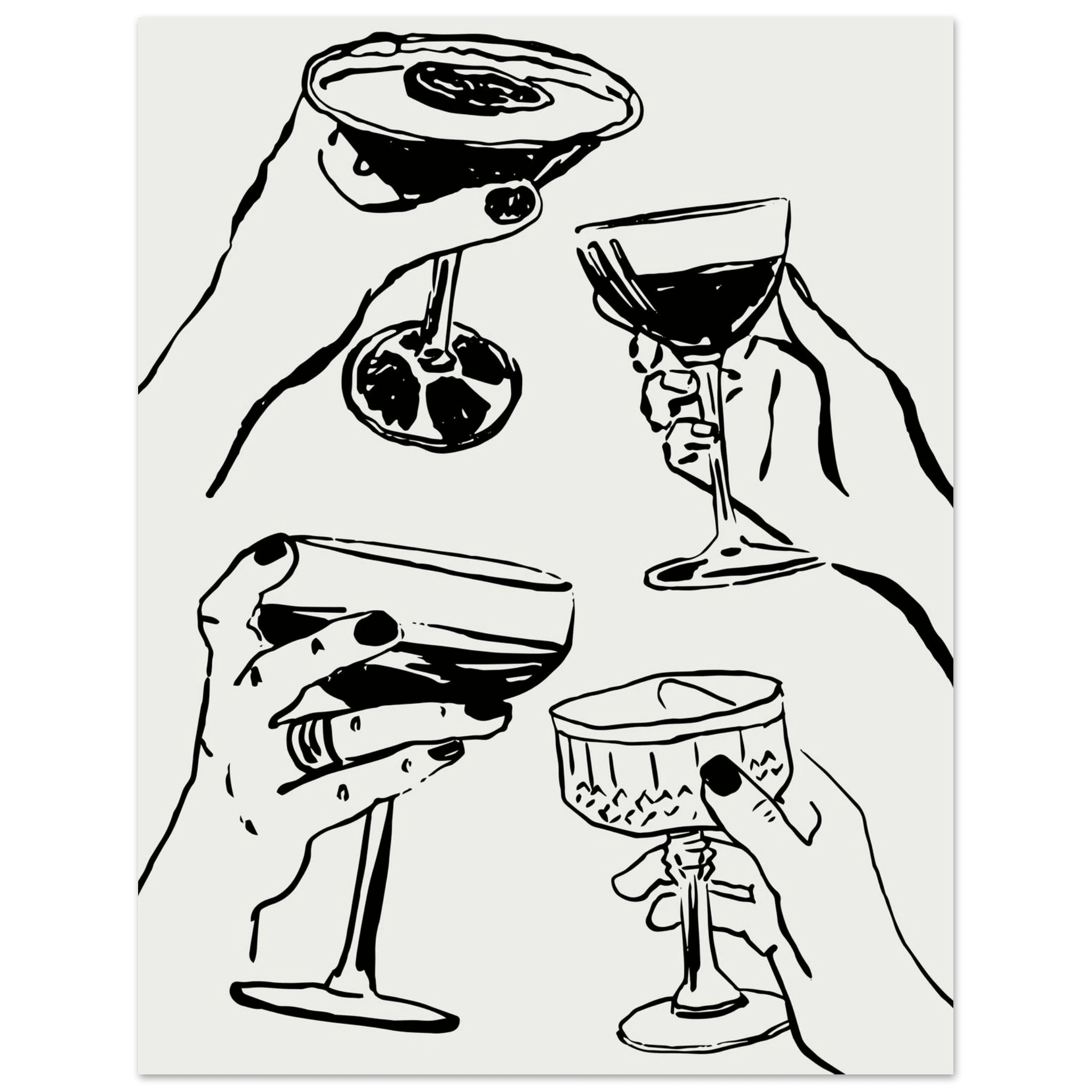 Cheers Print | Black Line Art Cocktail Glasses Wall Art | Kitchen Bar Poster - Evergreen Posters