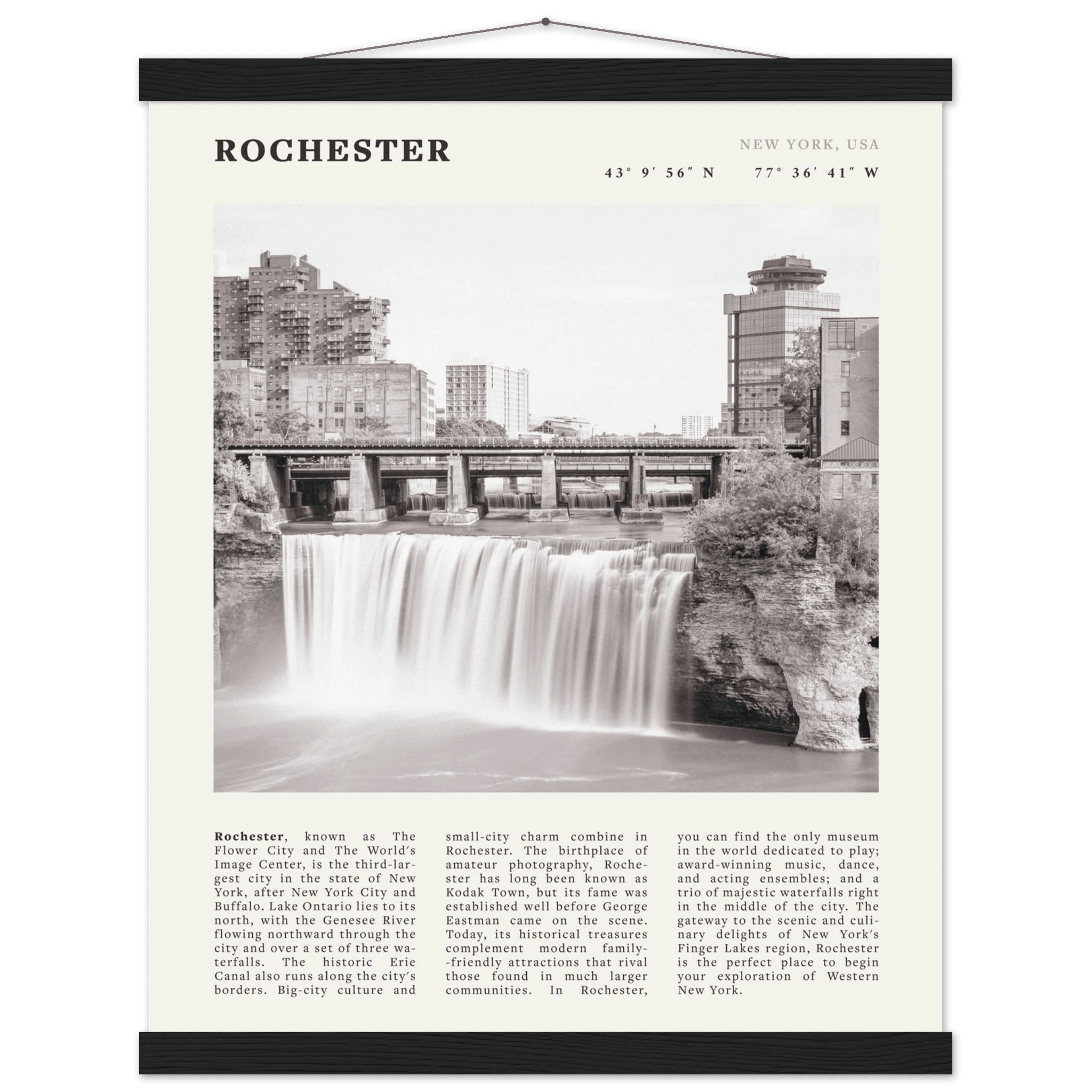 Rochester Poster | Black & White High Falls Wall Art | New York Travel Print - Evergreen Posters