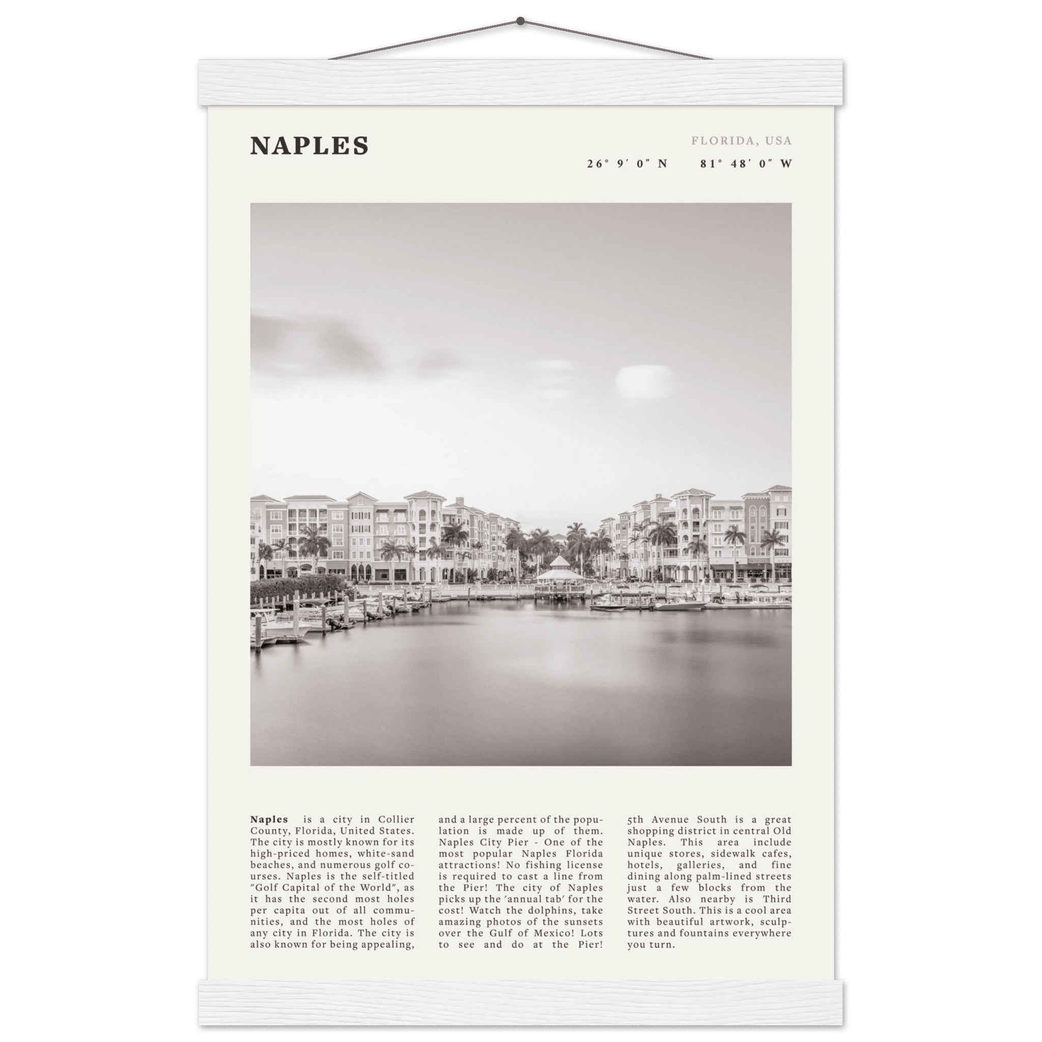 Naples Florida Poster | Black & White Gulf Coast Wall Art | FL Travel Print - Evergreen Posters
