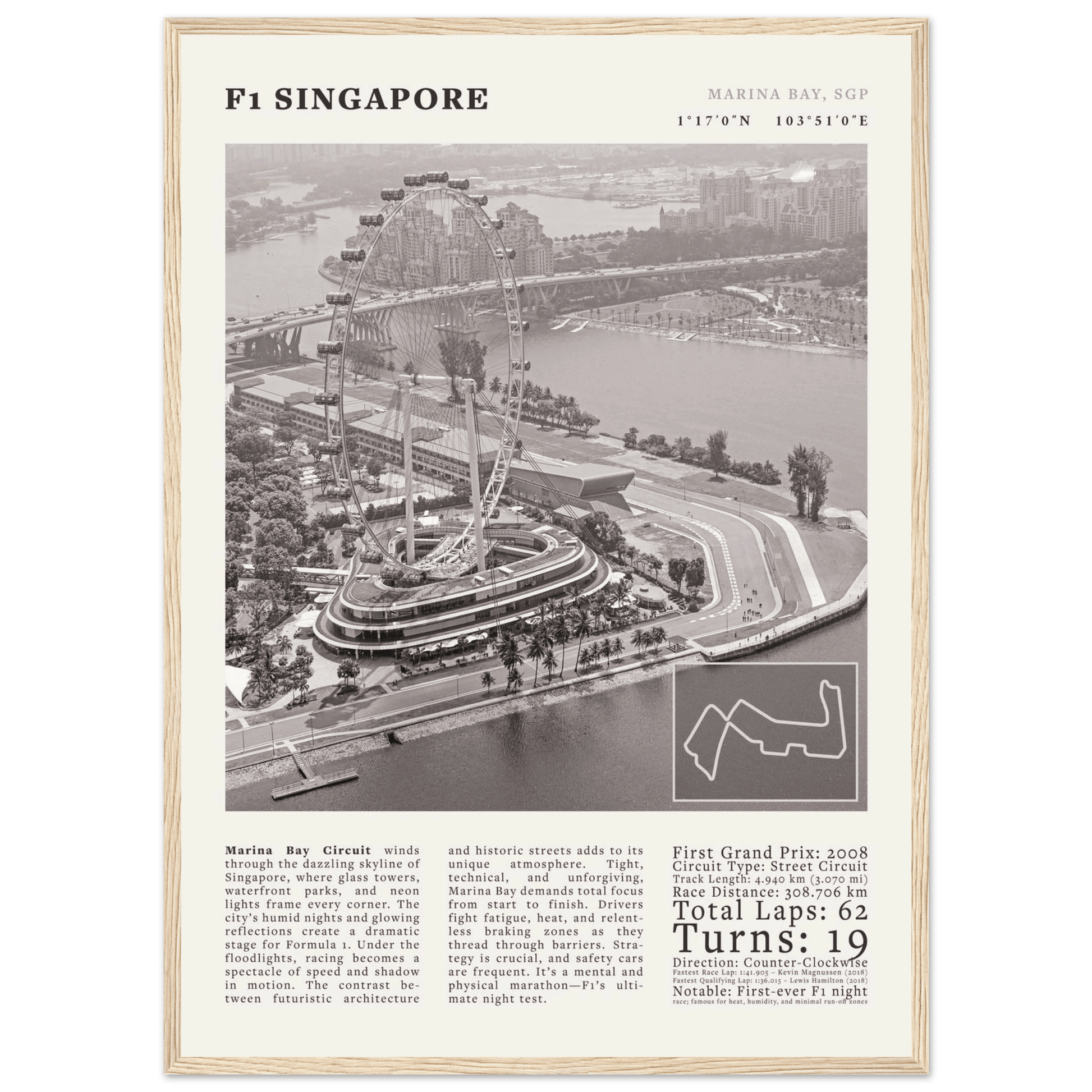 F1 Singapore Poster Black and White – Vintage Marina Bay Night Race Print (Digital & Printed Options) - Evergreen Posters
