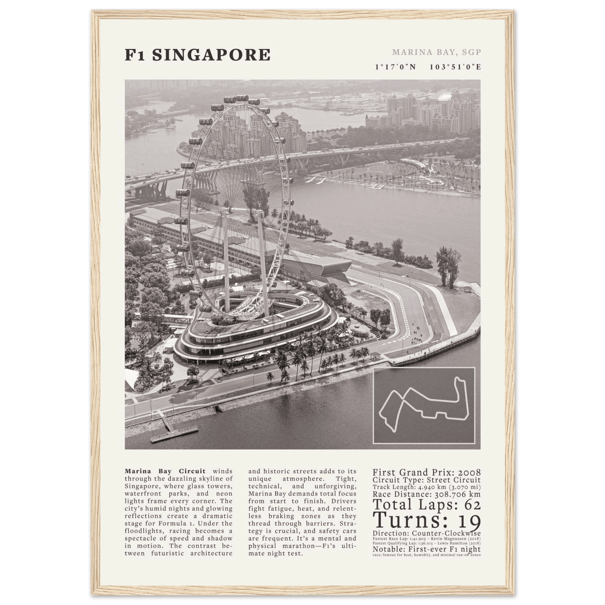 F1 Singapore Poster Black and White – Vintage Marina Bay Night Race Print (Digital & Printed Options) - Evergreen Posters