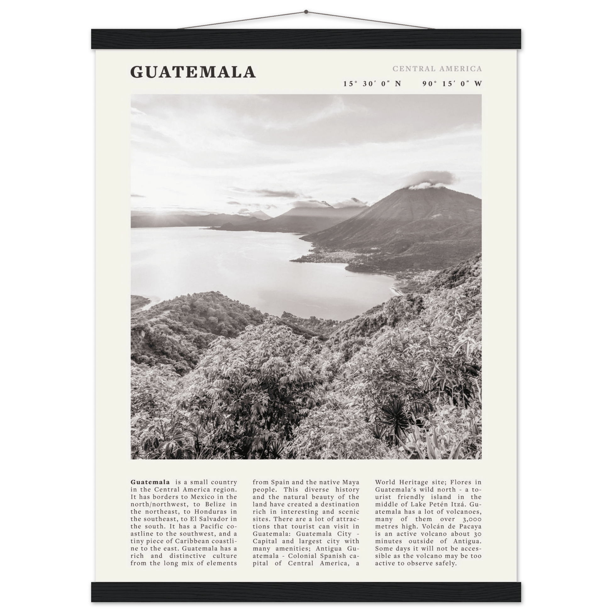 Guatemala Poster | Black & White Lake Atitlan Wall Art | Central America Travel Print - Evergreen Posters