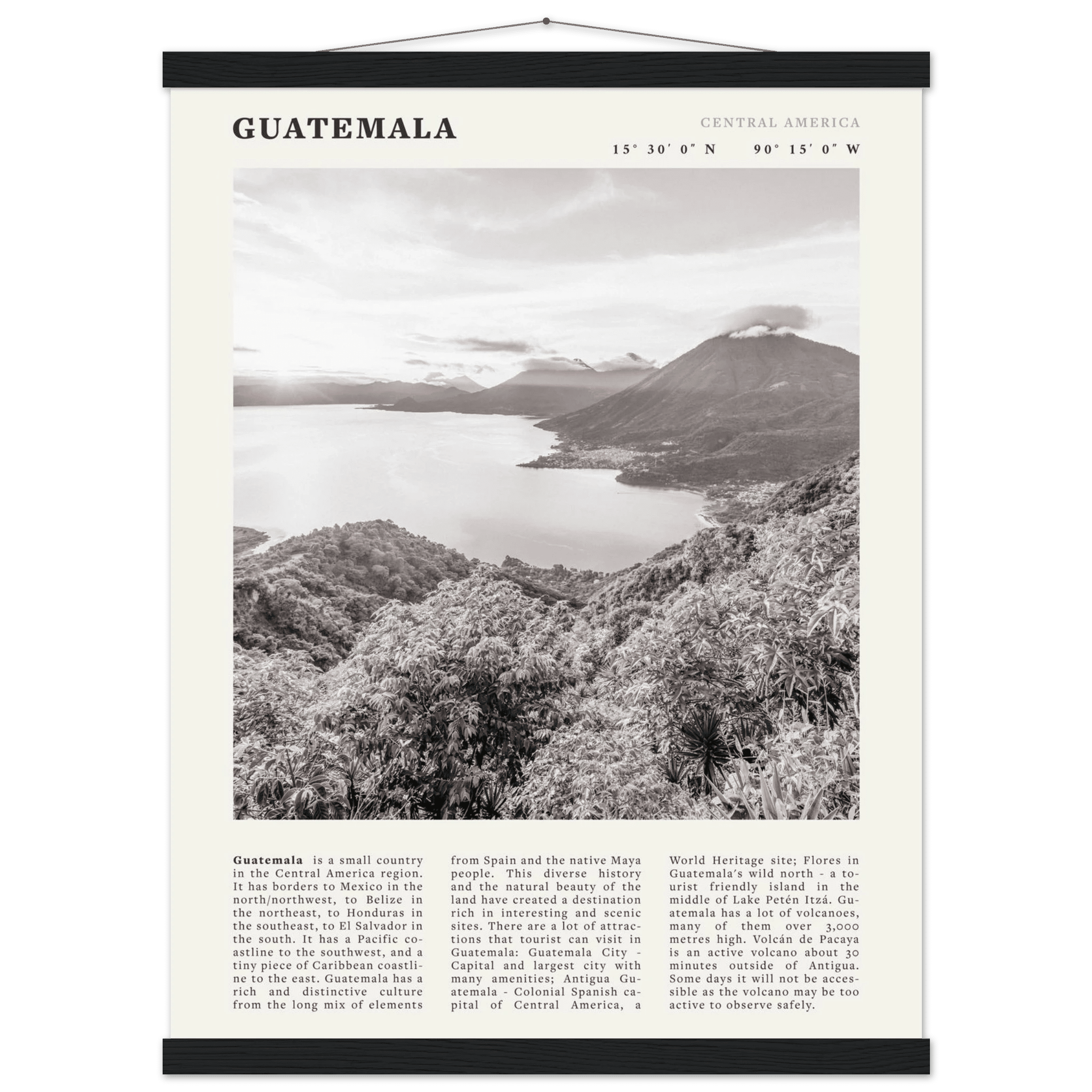 Guatemala Poster | Black & White Lake Atitlan Wall Art | Central America Travel Print - Evergreen Posters