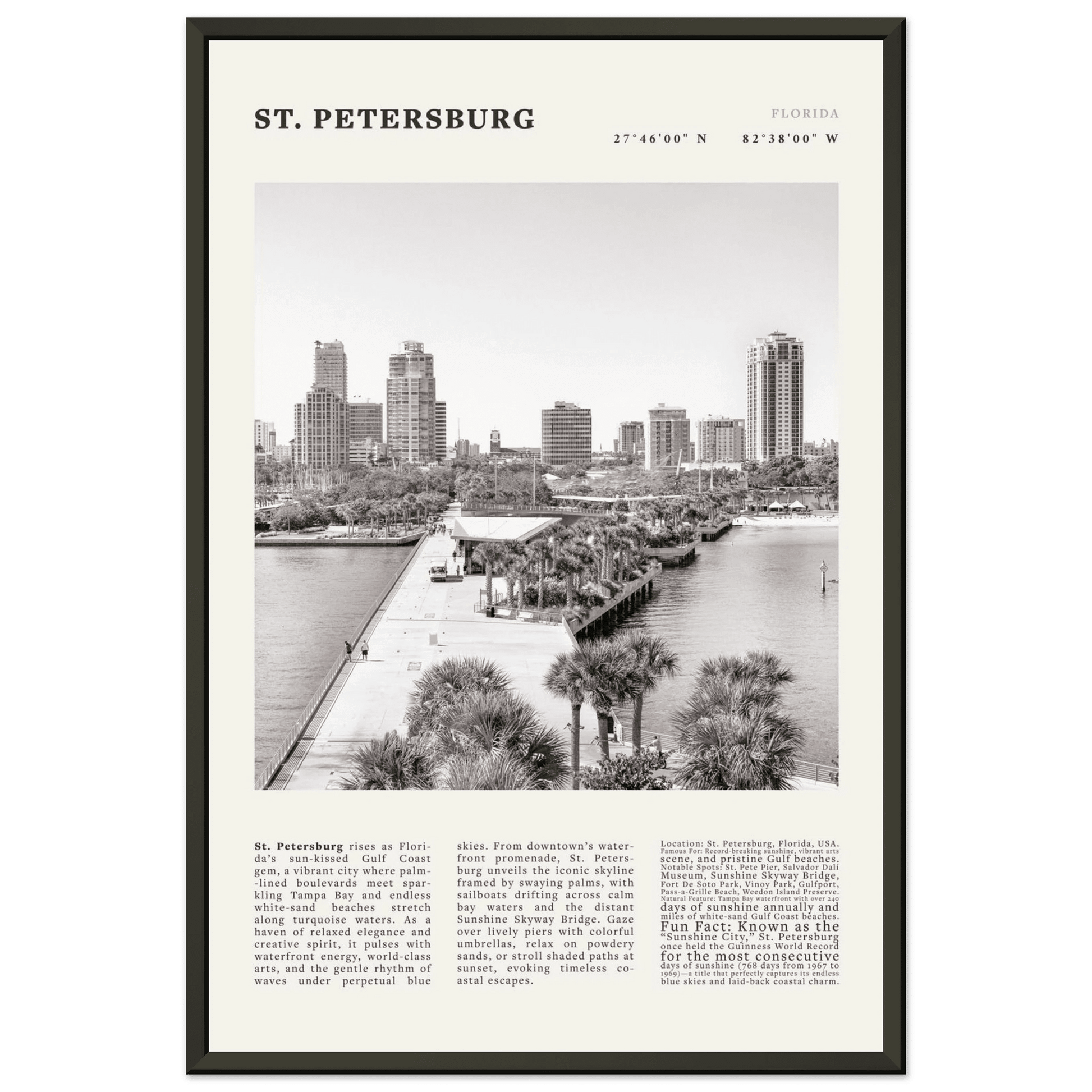 St. Petersburg Florida Poster Black and White – Vintage St Pete Skyline Print (Digital & Printed Options) - Evergreen Posters