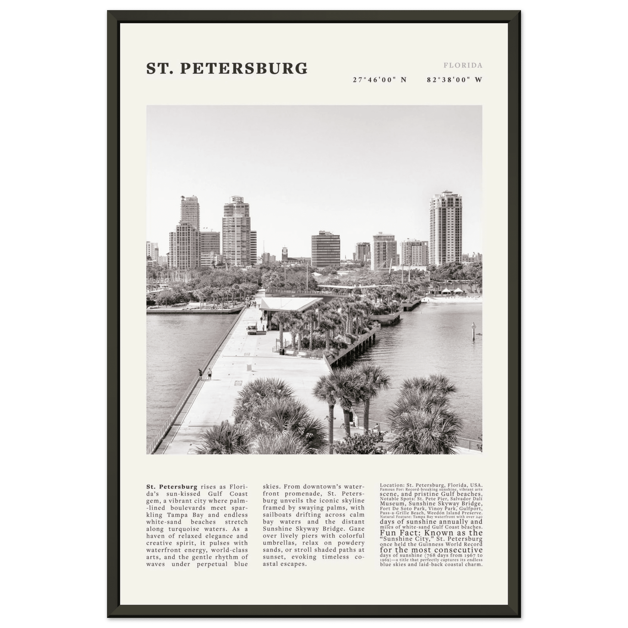 St. Petersburg Florida Poster Black and White – Vintage St Pete Skyline Print (Digital & Printed Options) - Evergreen Posters