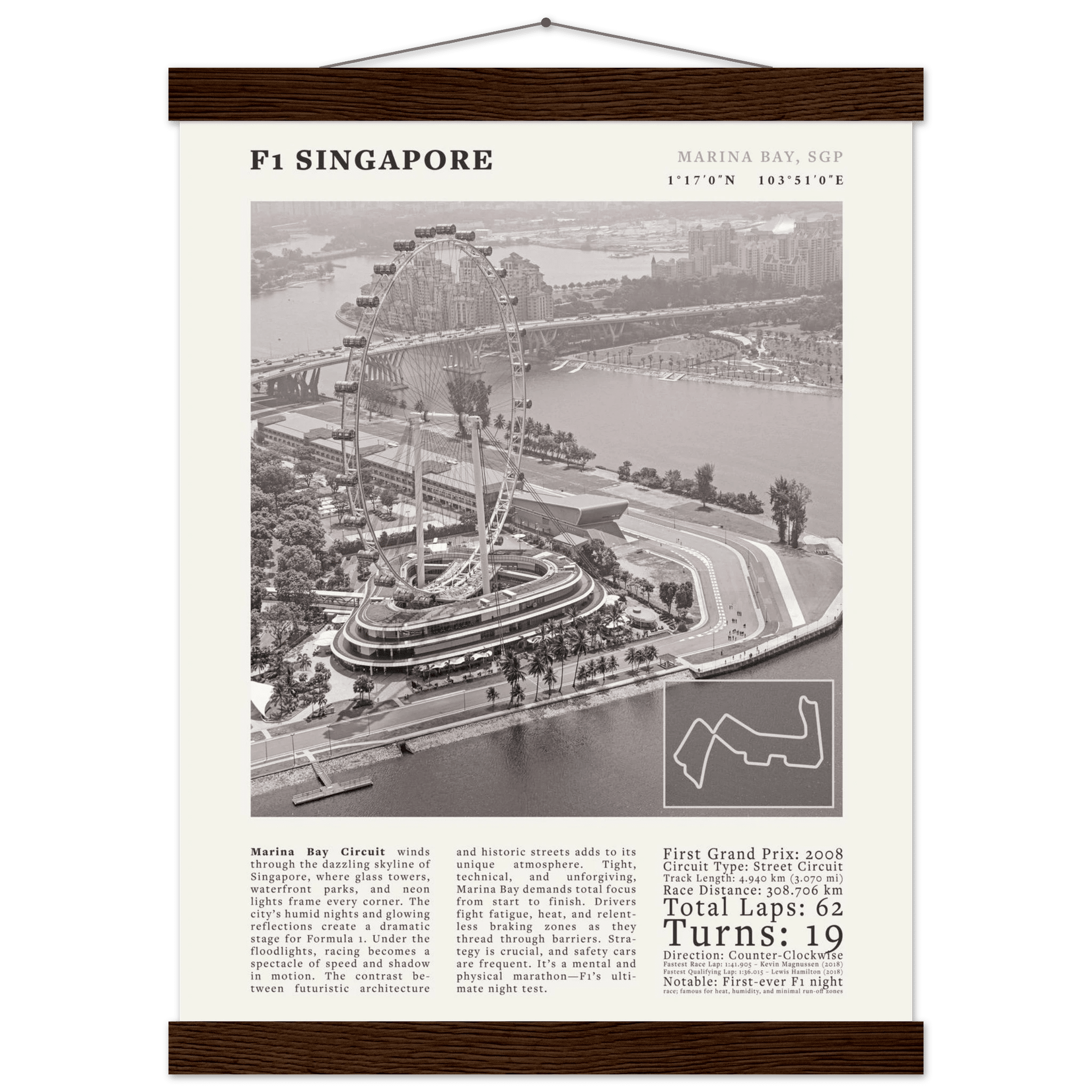 F1 Singapore Poster Black and White – Vintage Marina Bay Night Race Print (Digital & Printed Options) - Evergreen Posters