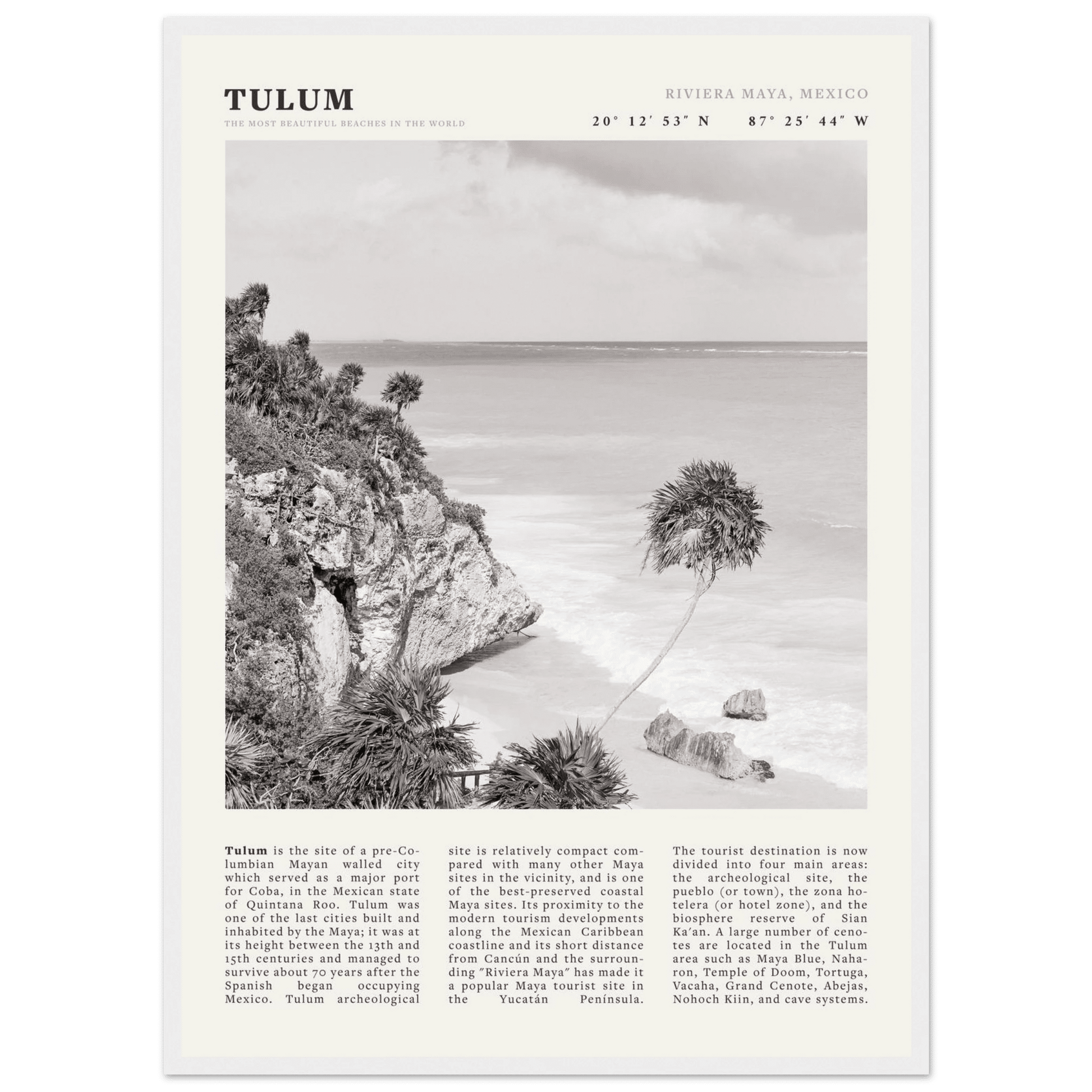 Tulum Poster | Black & White Riviera Maya Mexico Wall Art | Beach Travel Print - Evergreen Posters